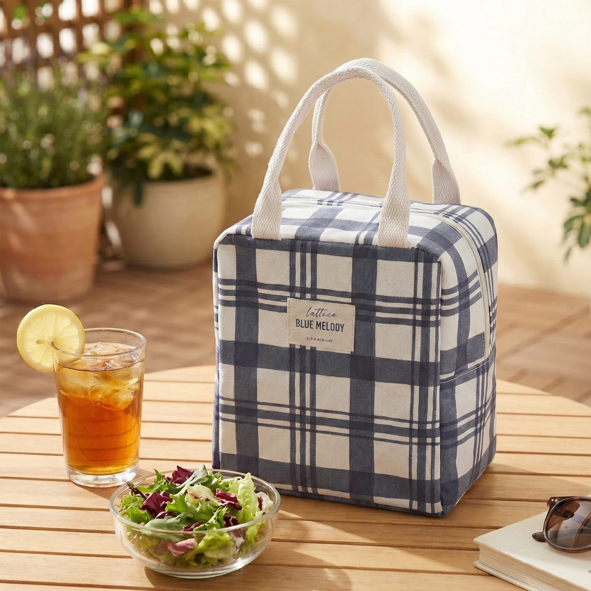 Blue Checked Insulated Lunch Bag