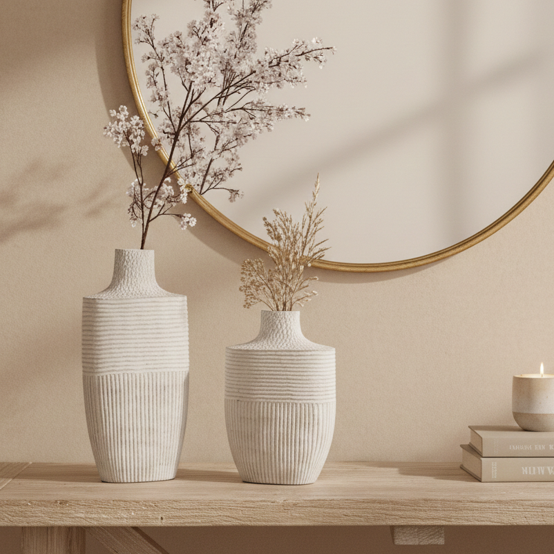 White Ribbed Earthen Vase (Single)