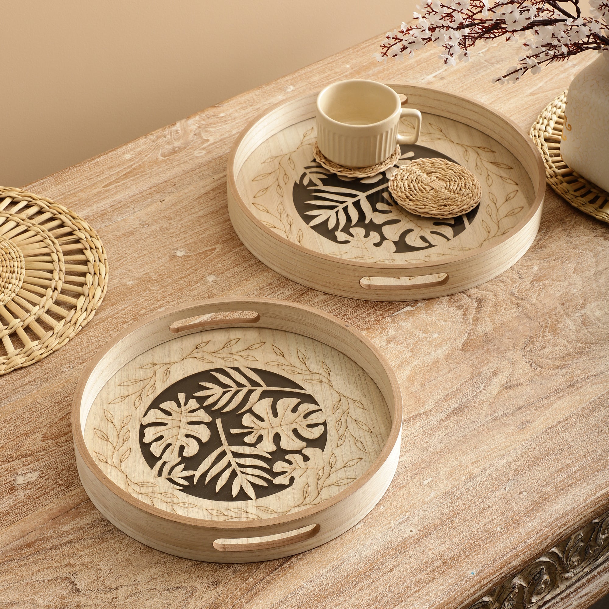 Palm Round Wooden Serving Trays (Set of 2)
