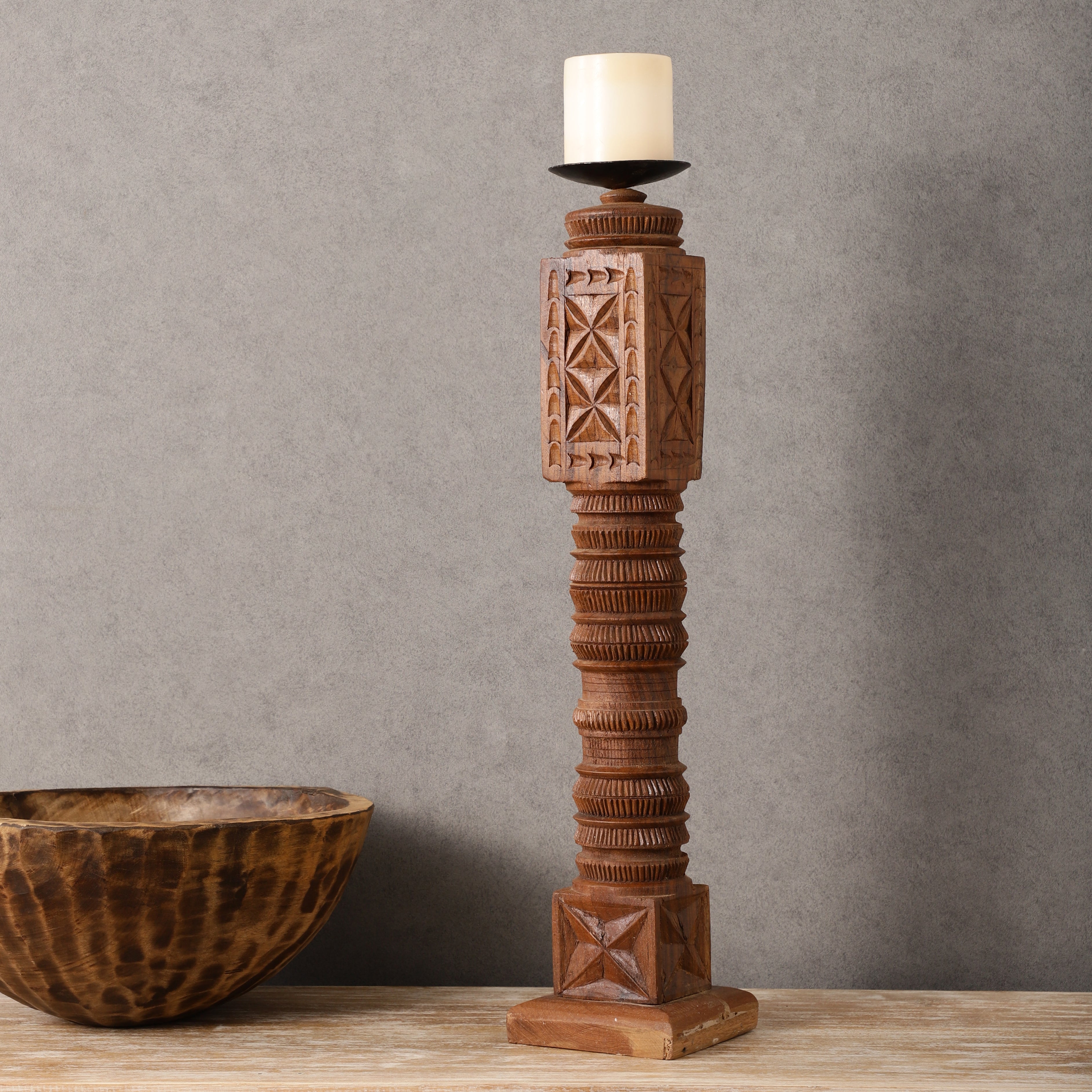 Cross Carved Wooden Candle Stand (Brown)