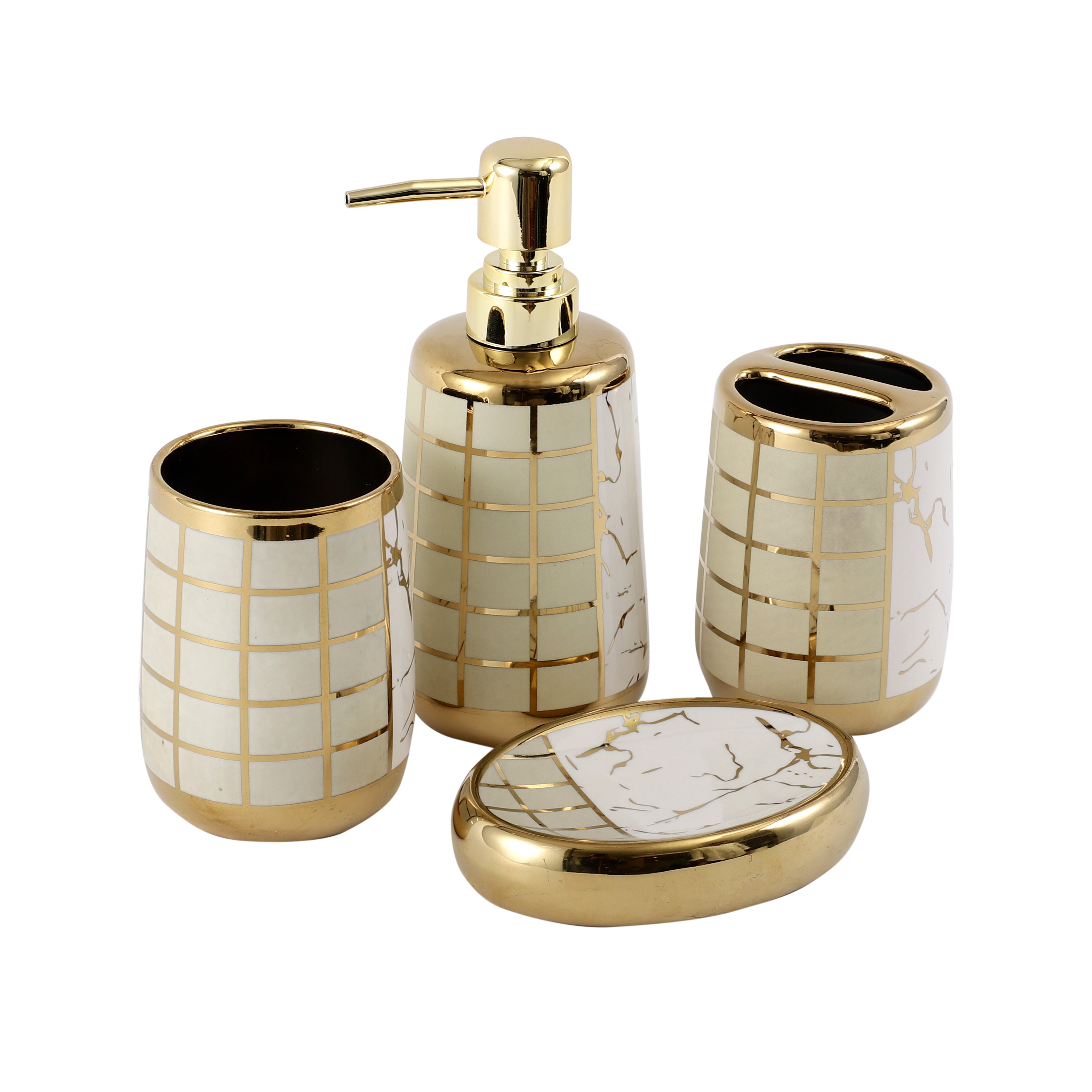 White and Gold Chequered 4 Piece Bath set