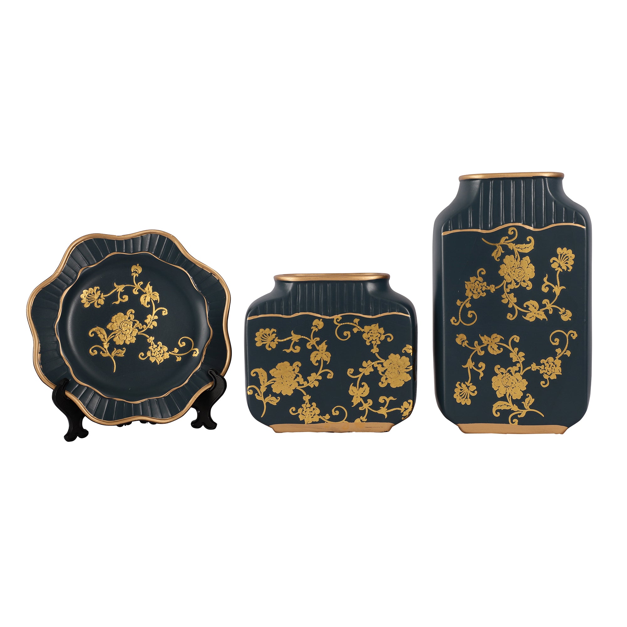 Navy Regal Gold Floral Pattern Ceramic Vase Set (Set of 3)