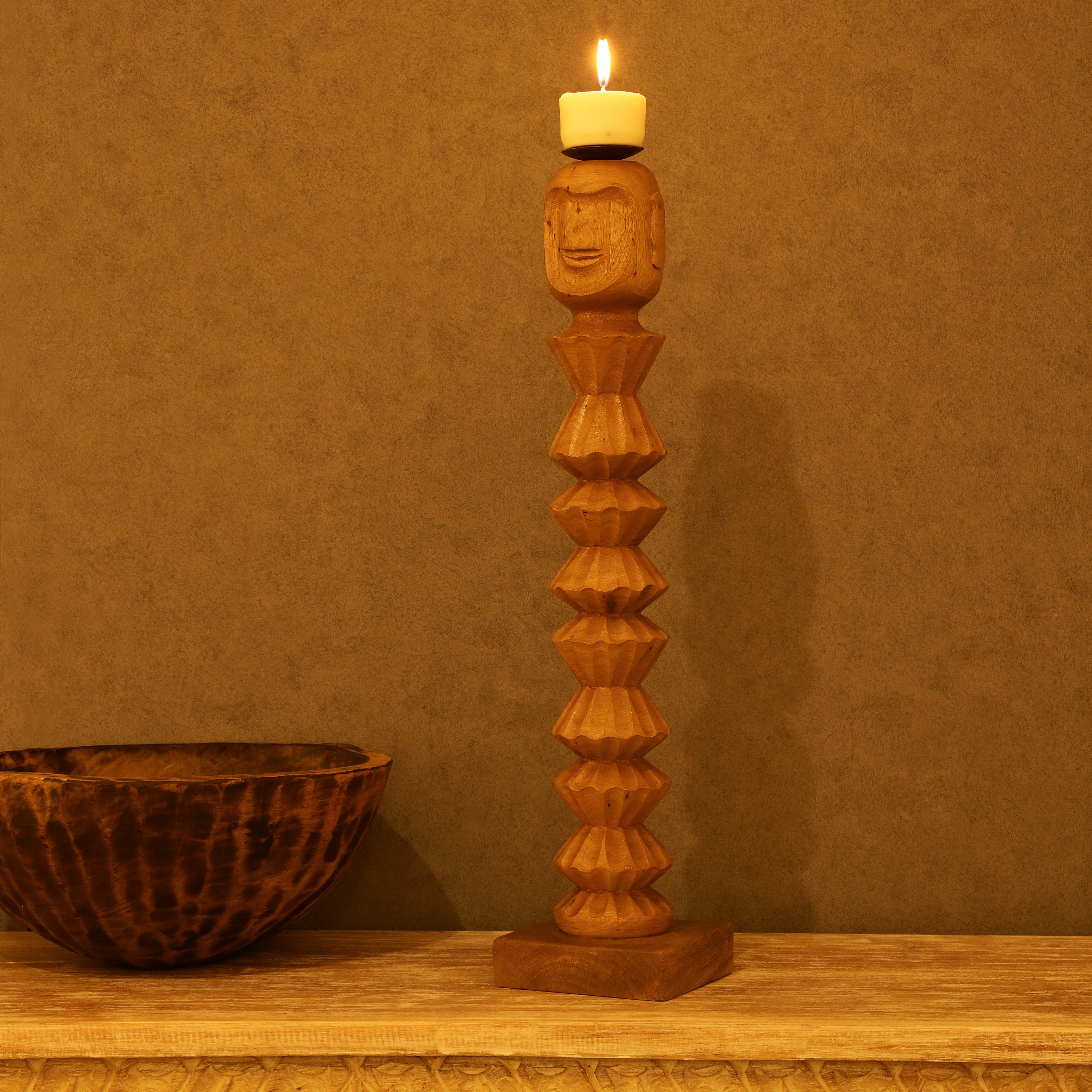 Wooden Face Candle Stand
