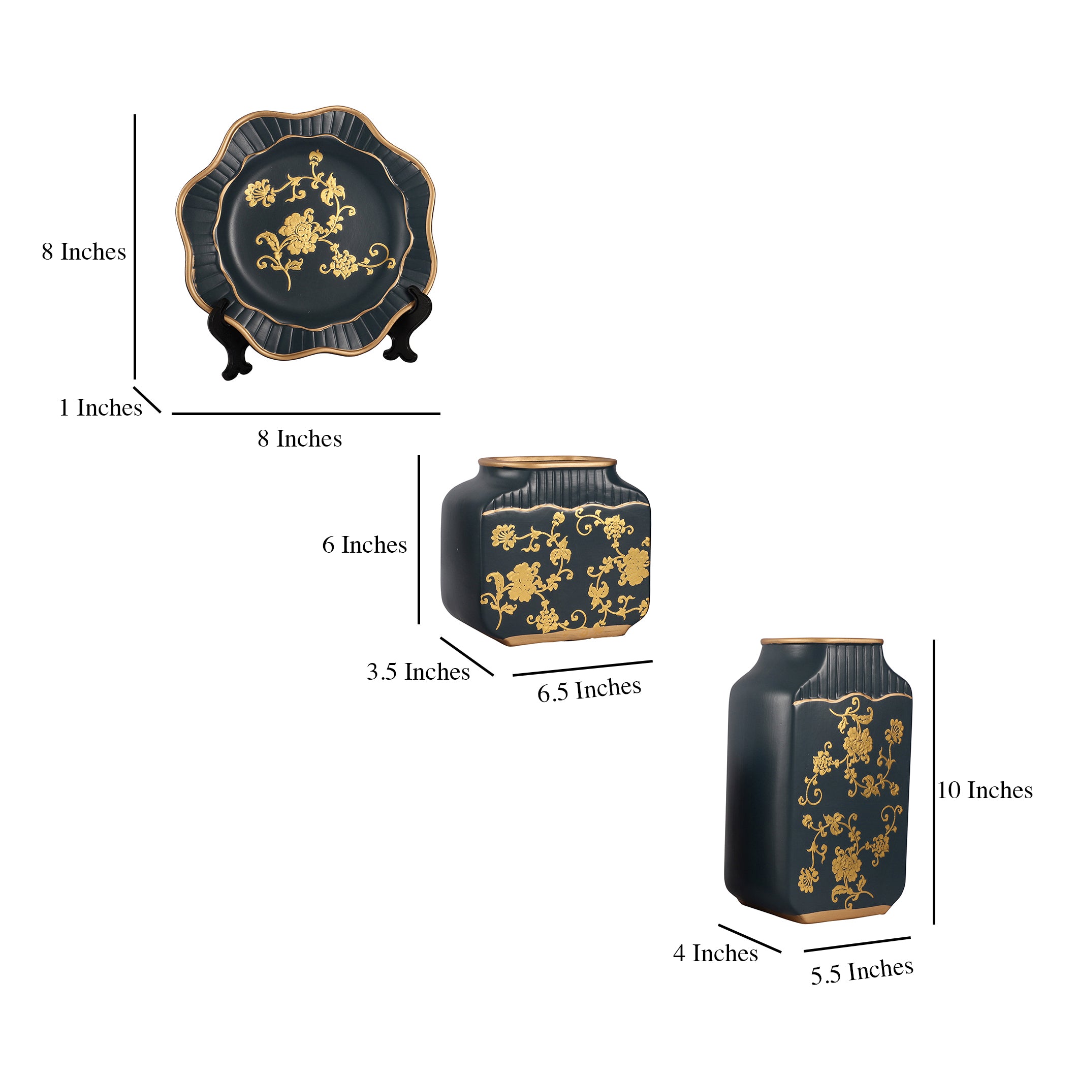 Black Regal Gold Floral Pattern Ceramic Vase Set (Set of 3)