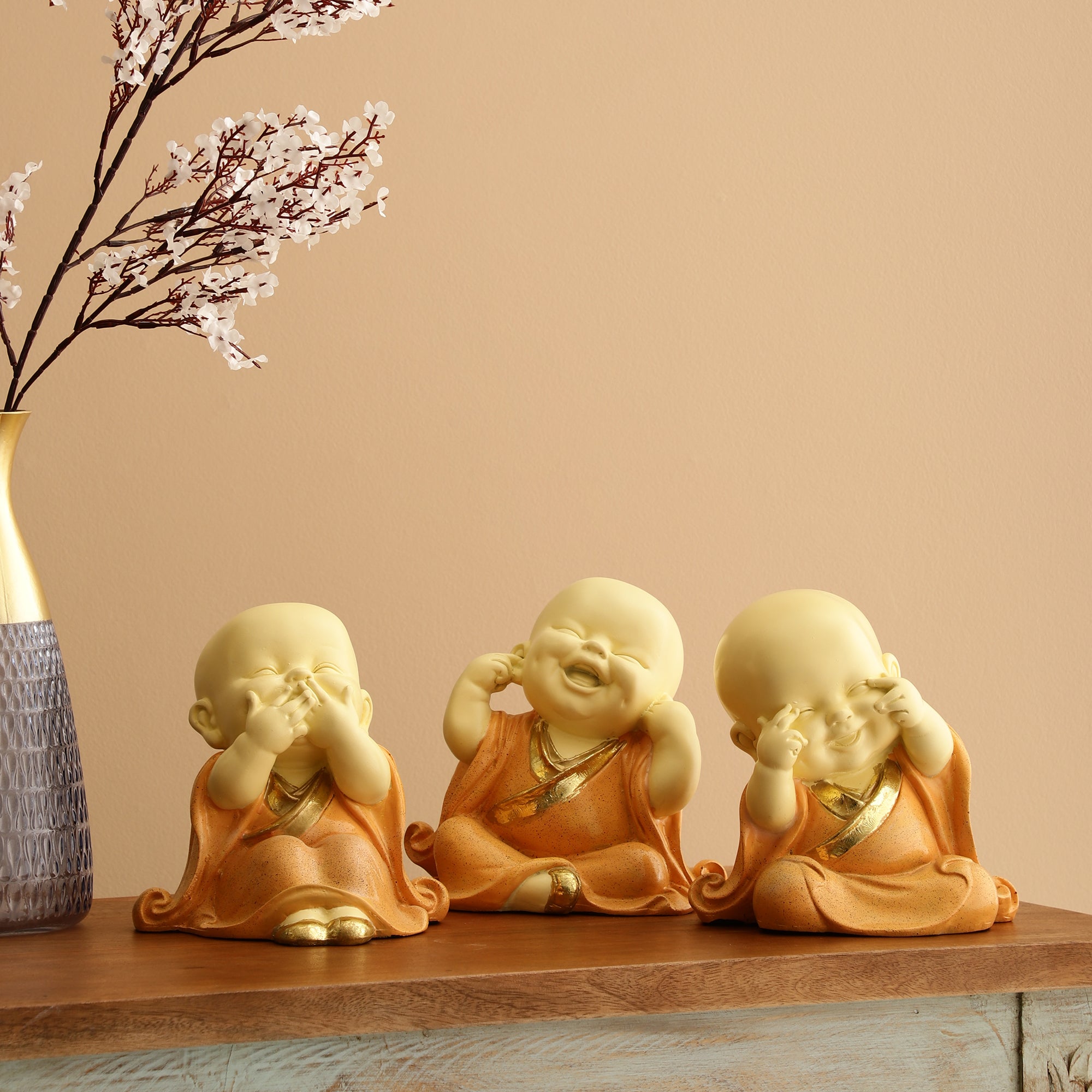 Orange Three Pose Laughing Buddha (Set of 3)