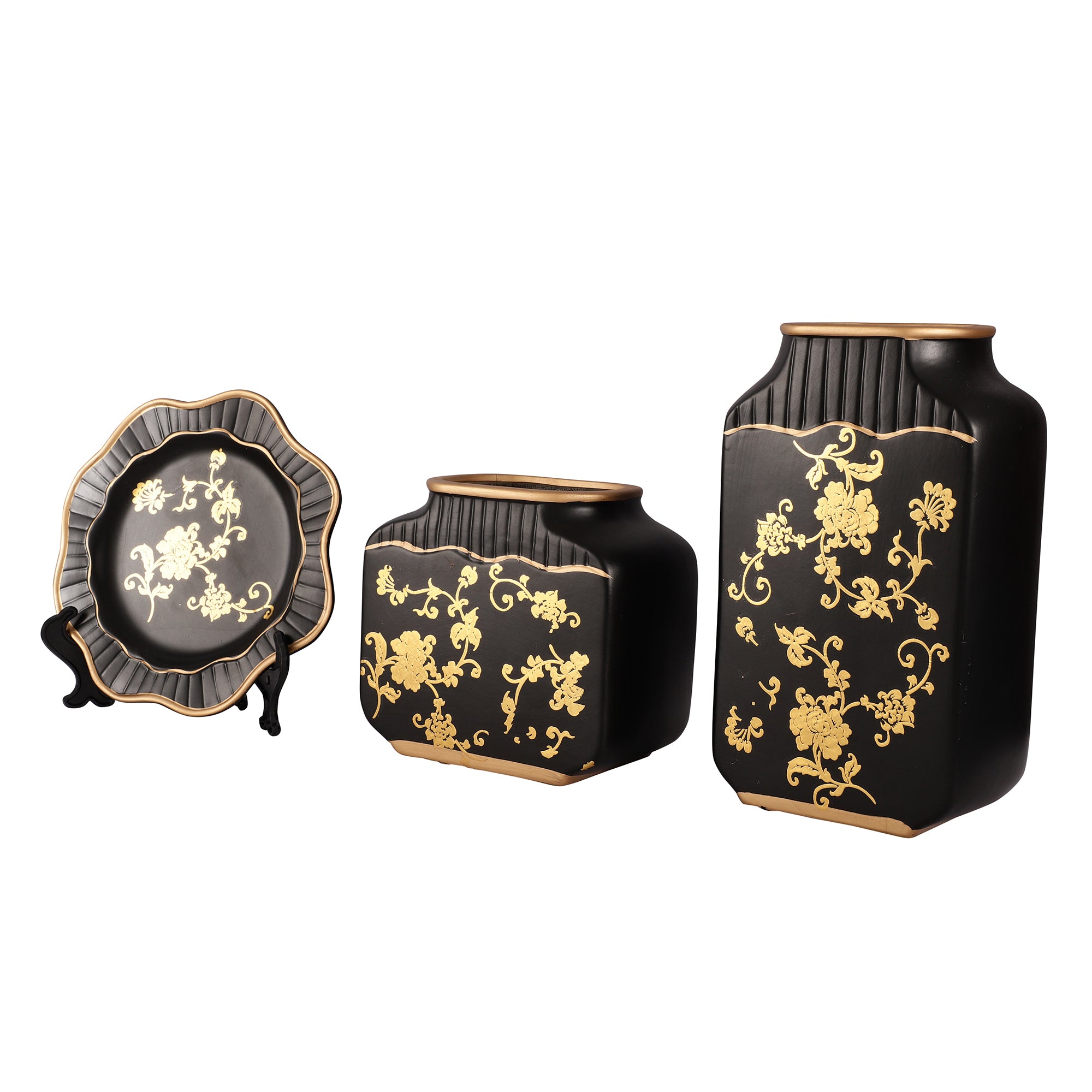 Black Regal Gold Floral Pattern Ceramic Vase Set (Set of 3)