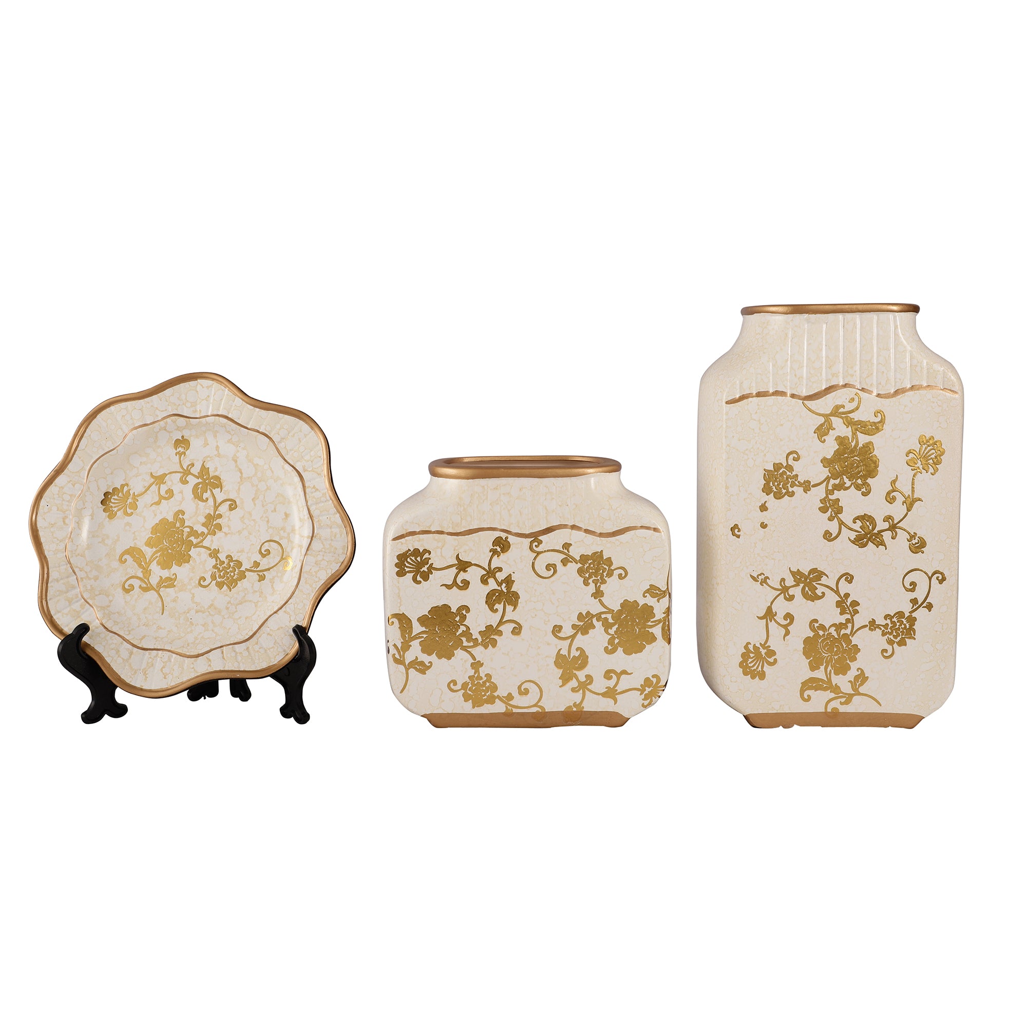 White Regal Gold Floral Pattern Ceramic Vase Set (Set of 3)