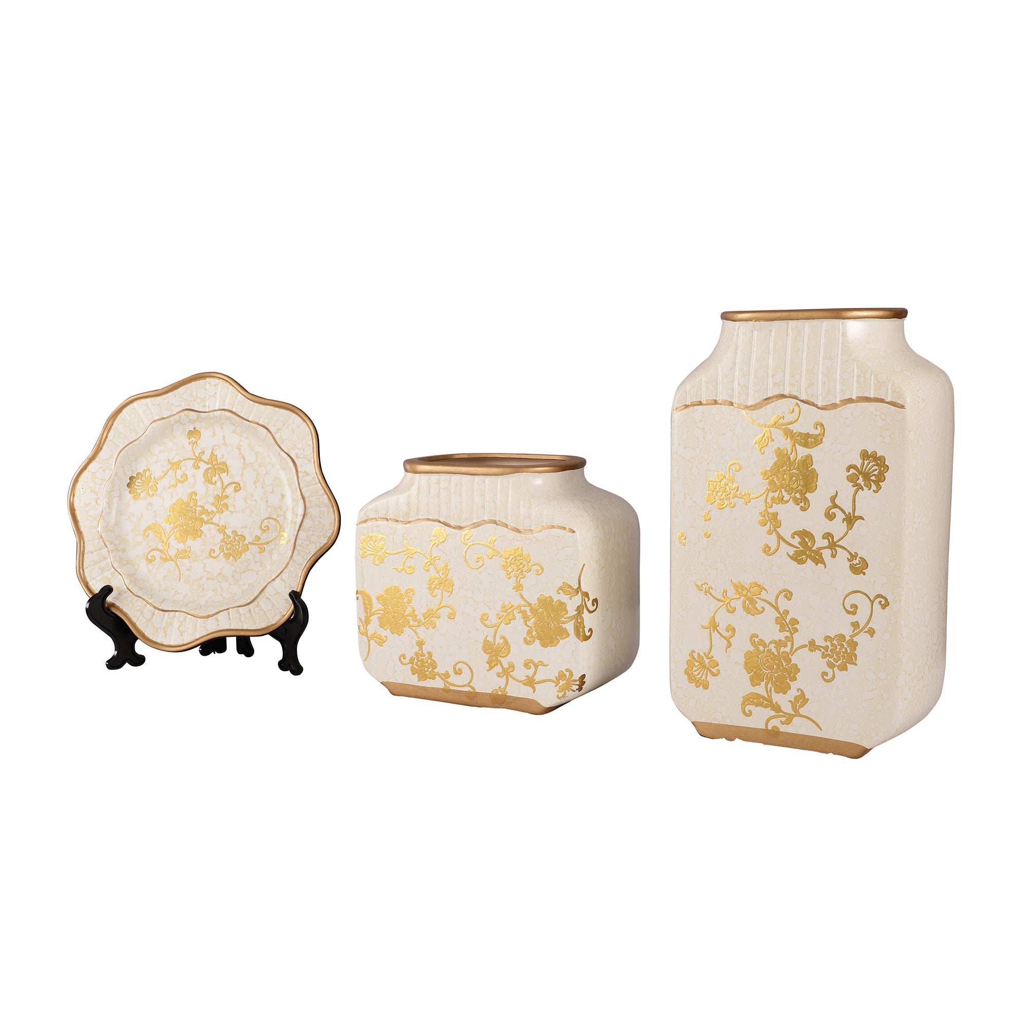 White Regal Gold Floral Pattern Ceramic Vase Set (Set of 3)