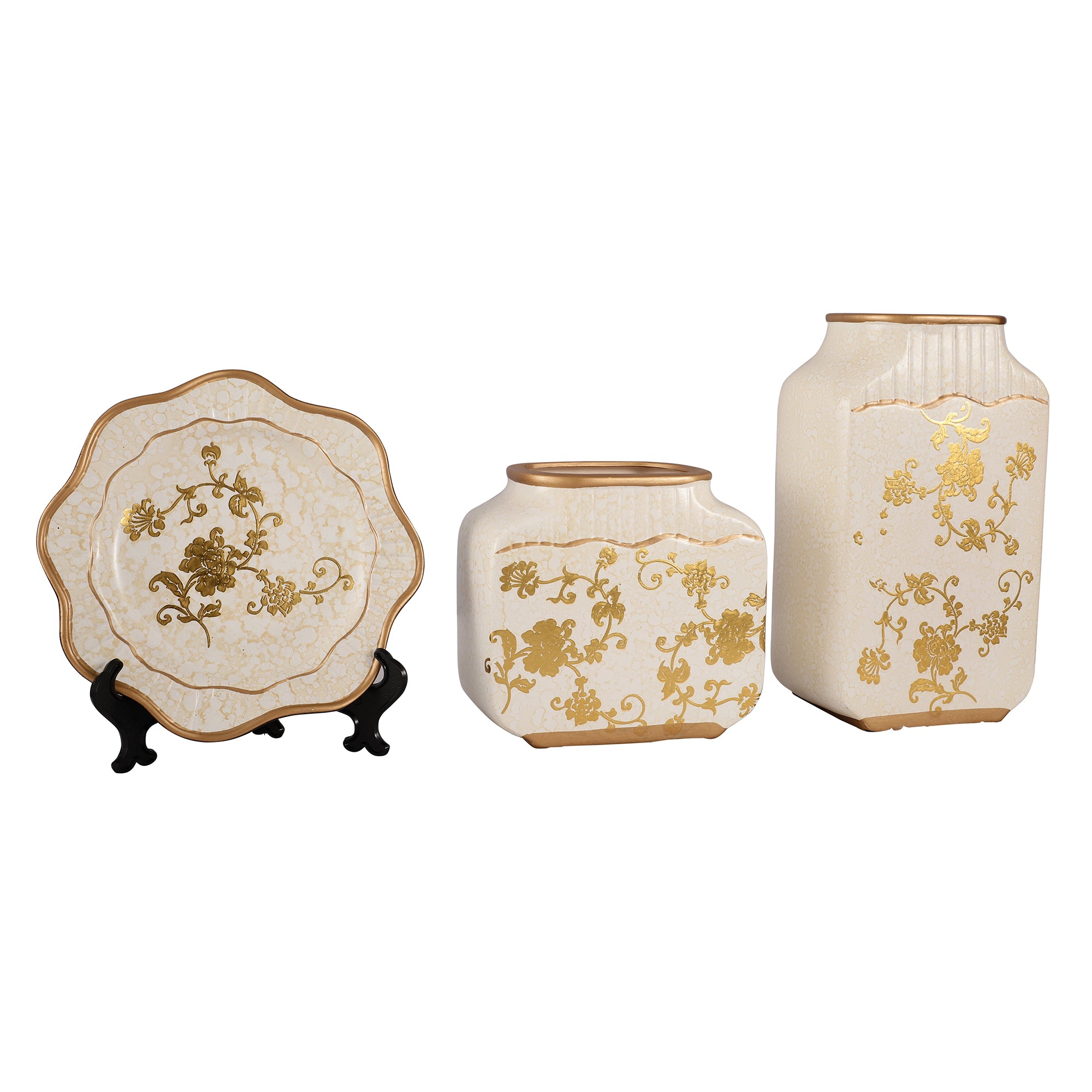 White Regal Gold Floral Pattern Ceramic Vase Set (Set of 3)