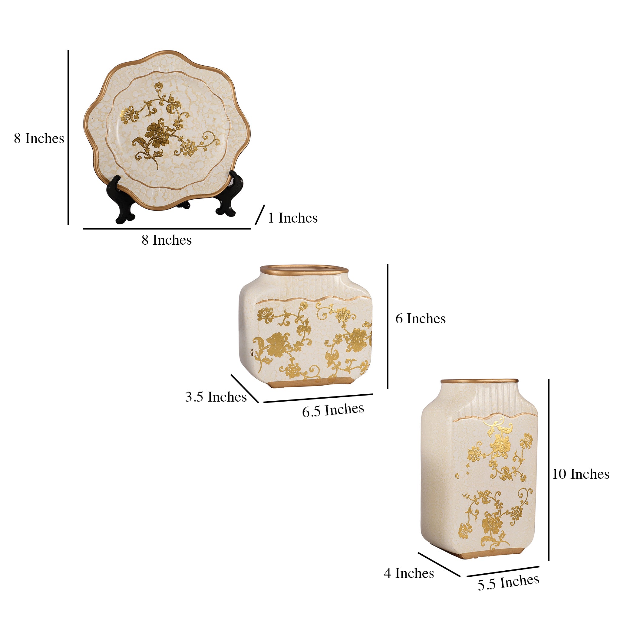 White Regal Gold Floral Pattern Ceramic Vase Set (Set of 3)