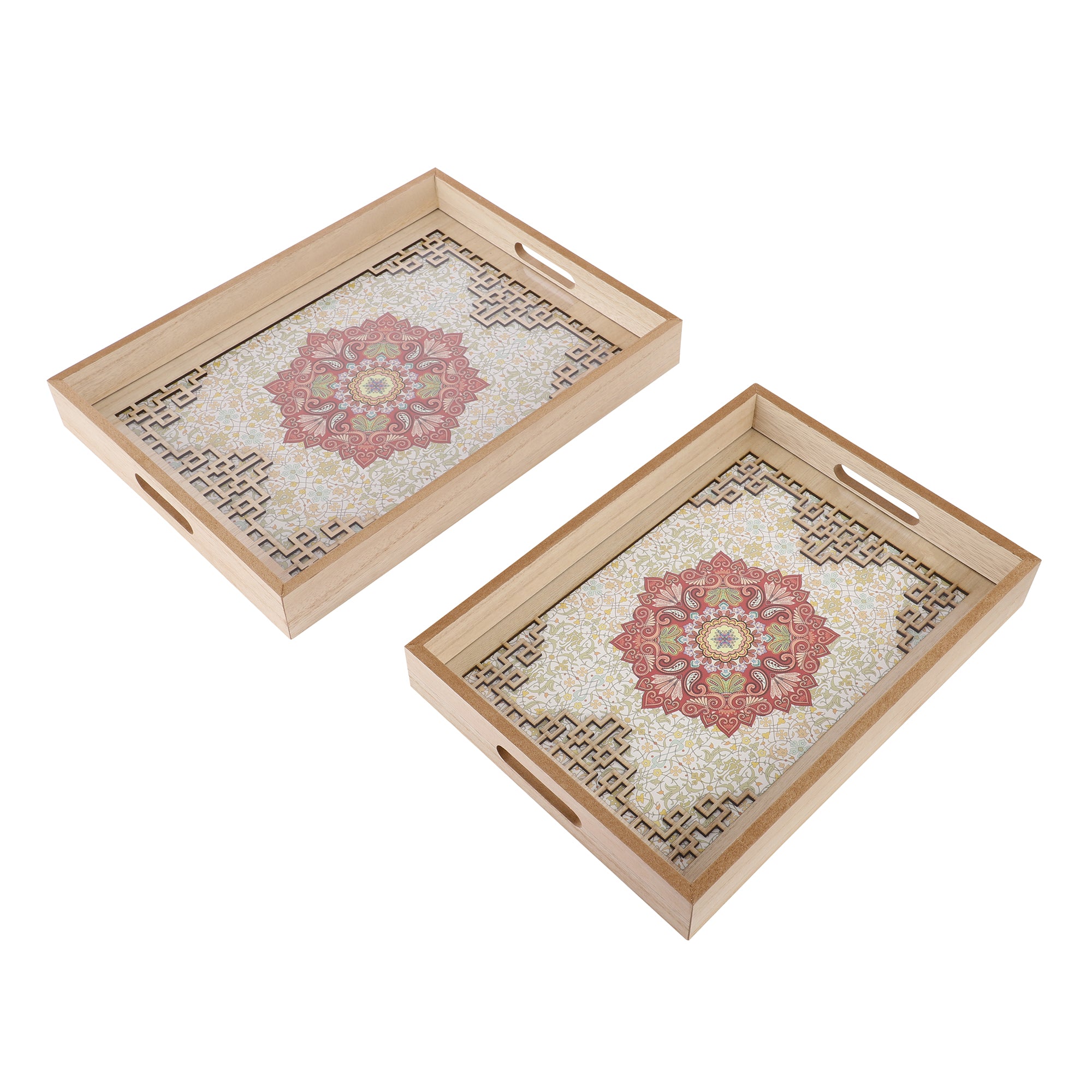 Floral Pattern Wooden Serving Tray (Set of 2)