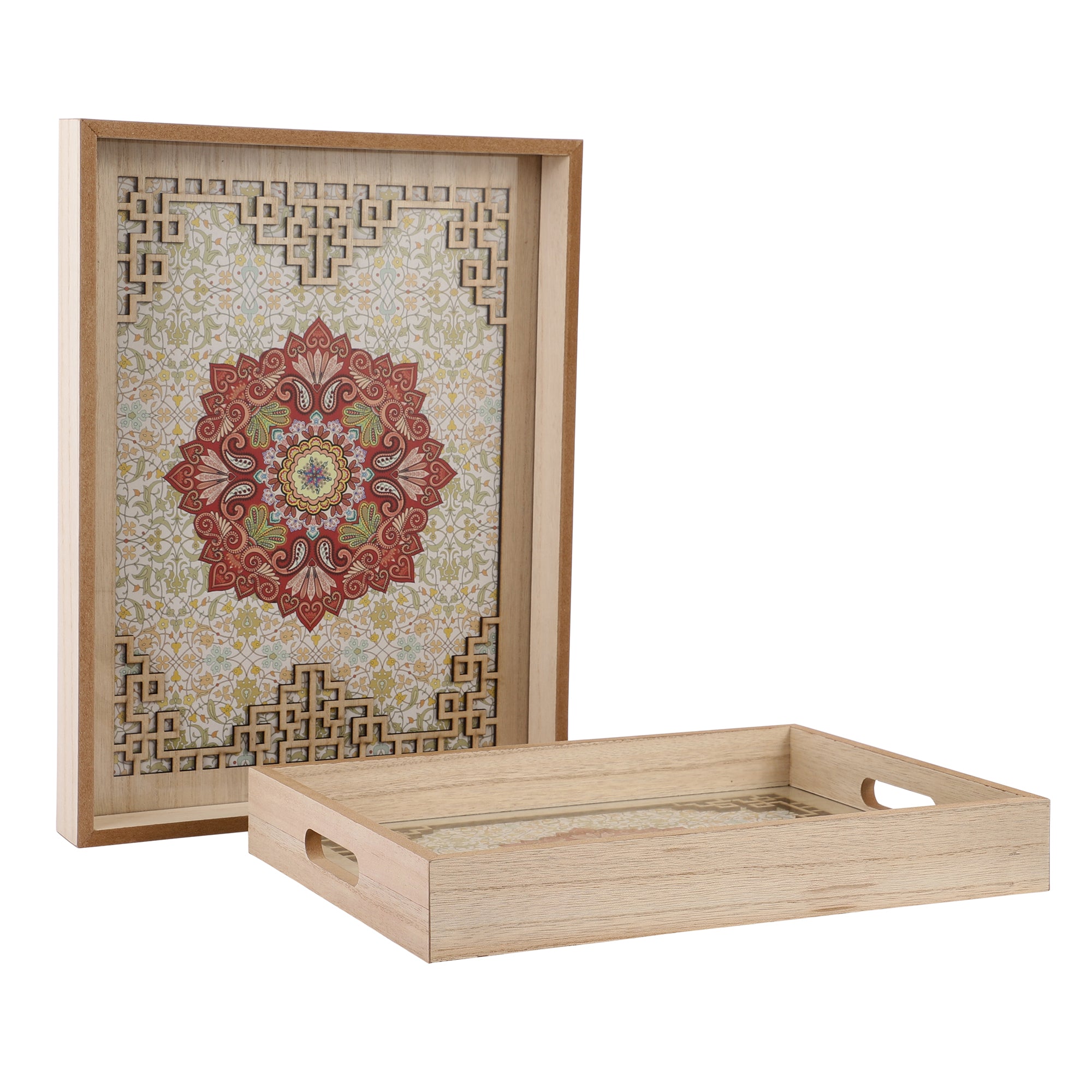 Floral Pattern Wooden Serving Tray (Set of 2)