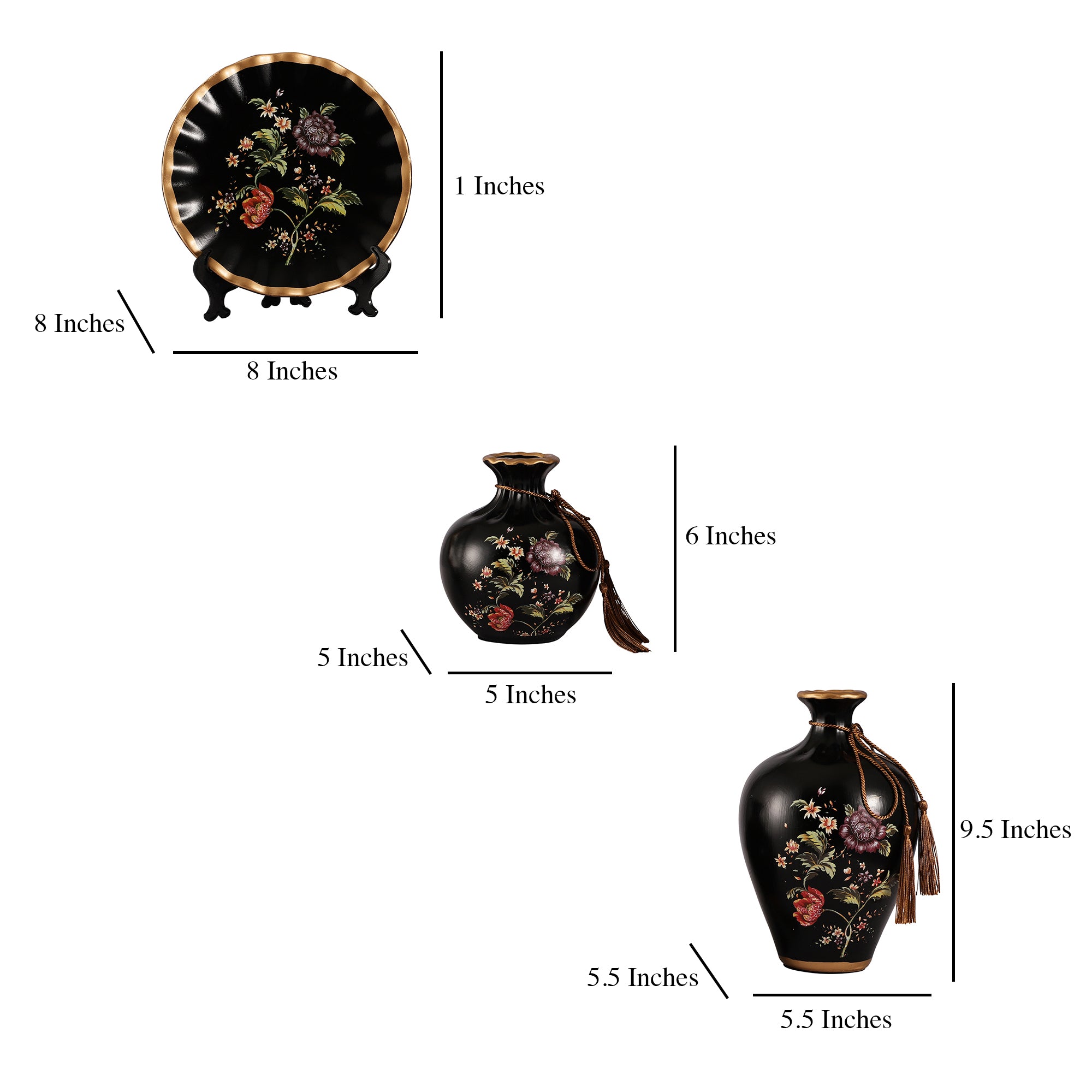 Floral Decorative Vase Set Oval (Black)