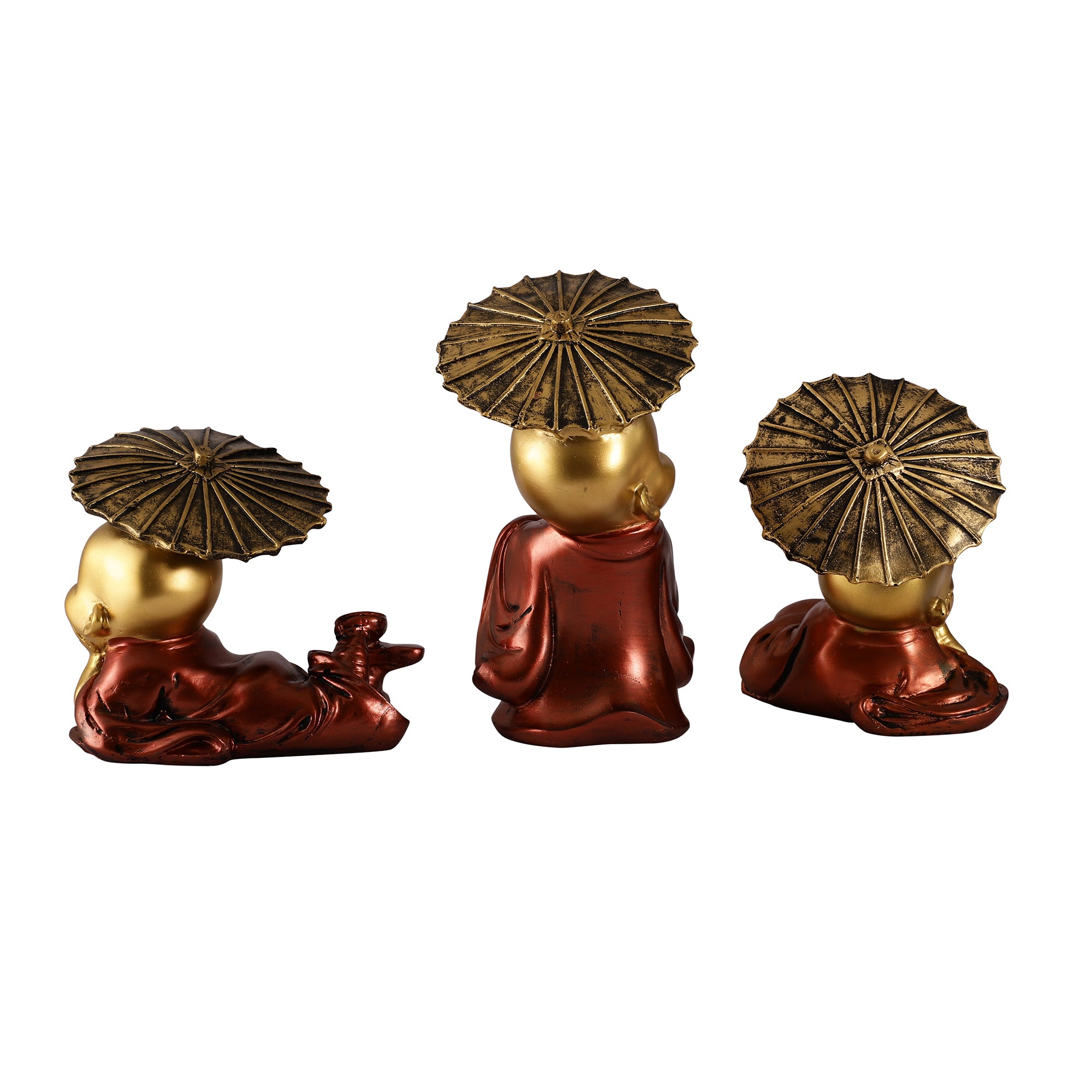Three Pose Laughing Buddha with Umbrellas - Scarlet (Set of 3)