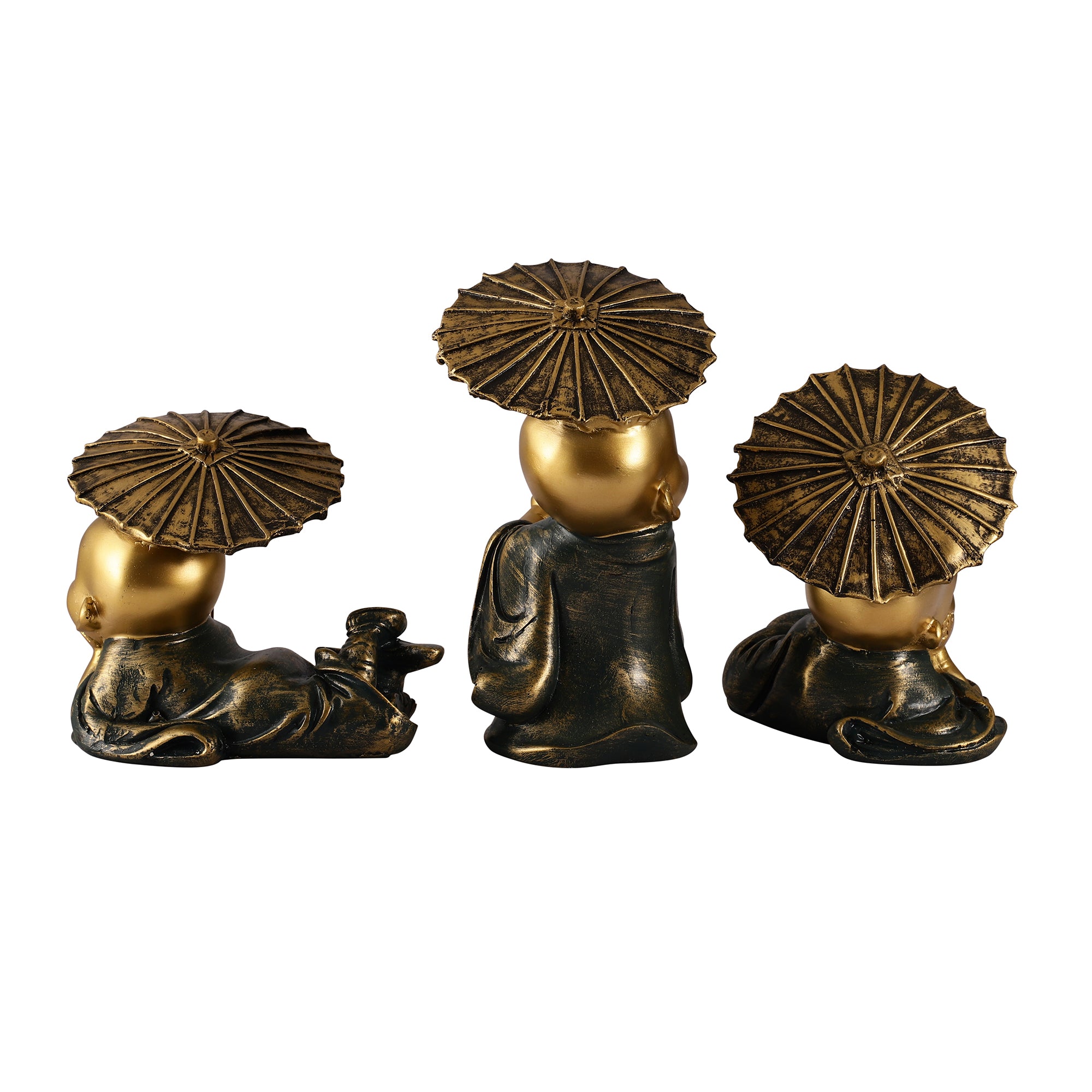 Three Pose Laughing Buddha with Umbrellas - Green (Set of 3)