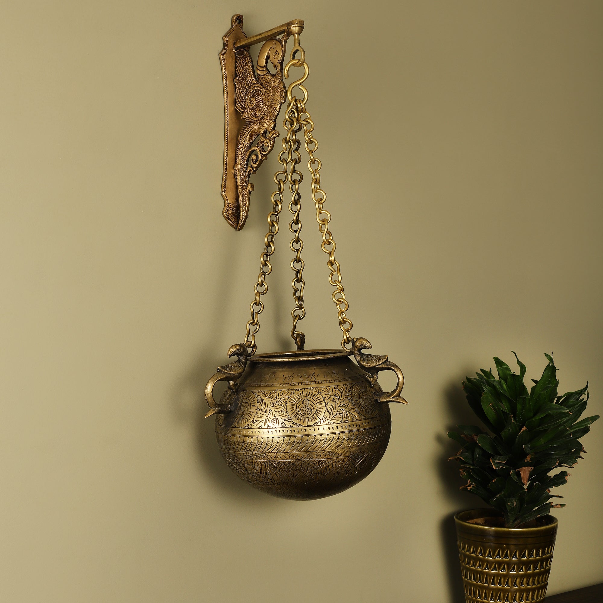 Hanging Antique Brass Pot - Round