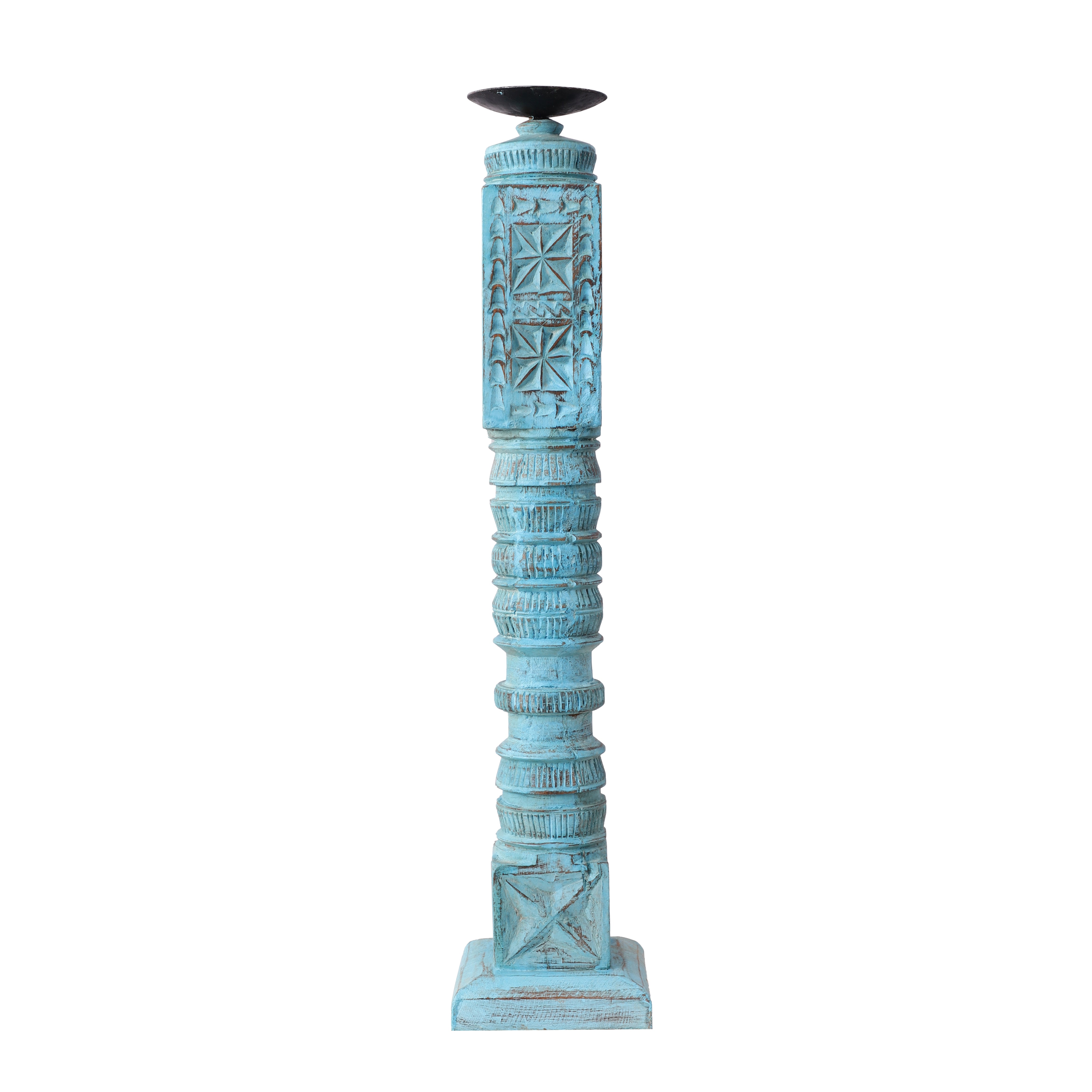 Cross Carved Wooden Candle Stand (Blue)