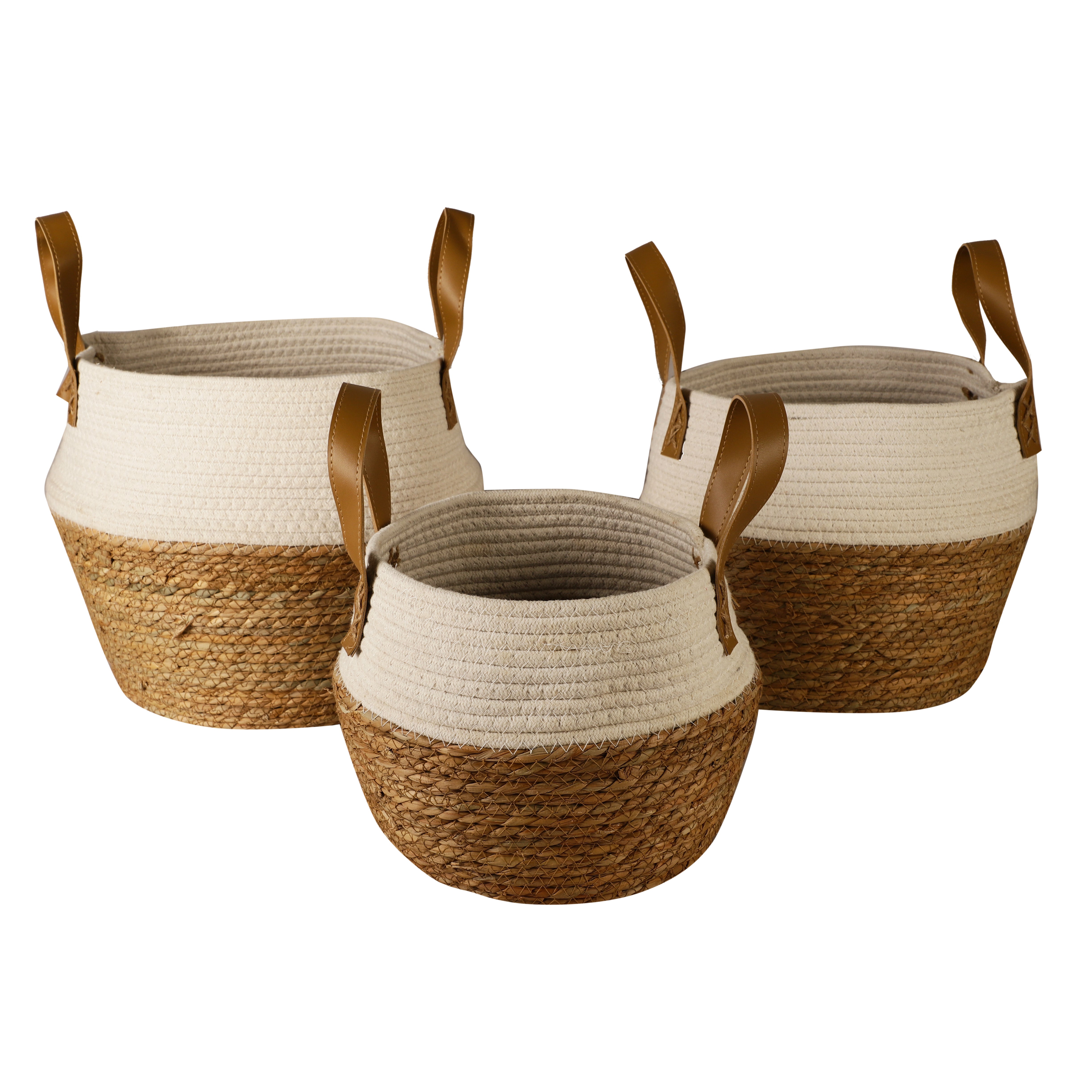 Jute and Fabric Plant Baskets with Handle (Set of 3) - White