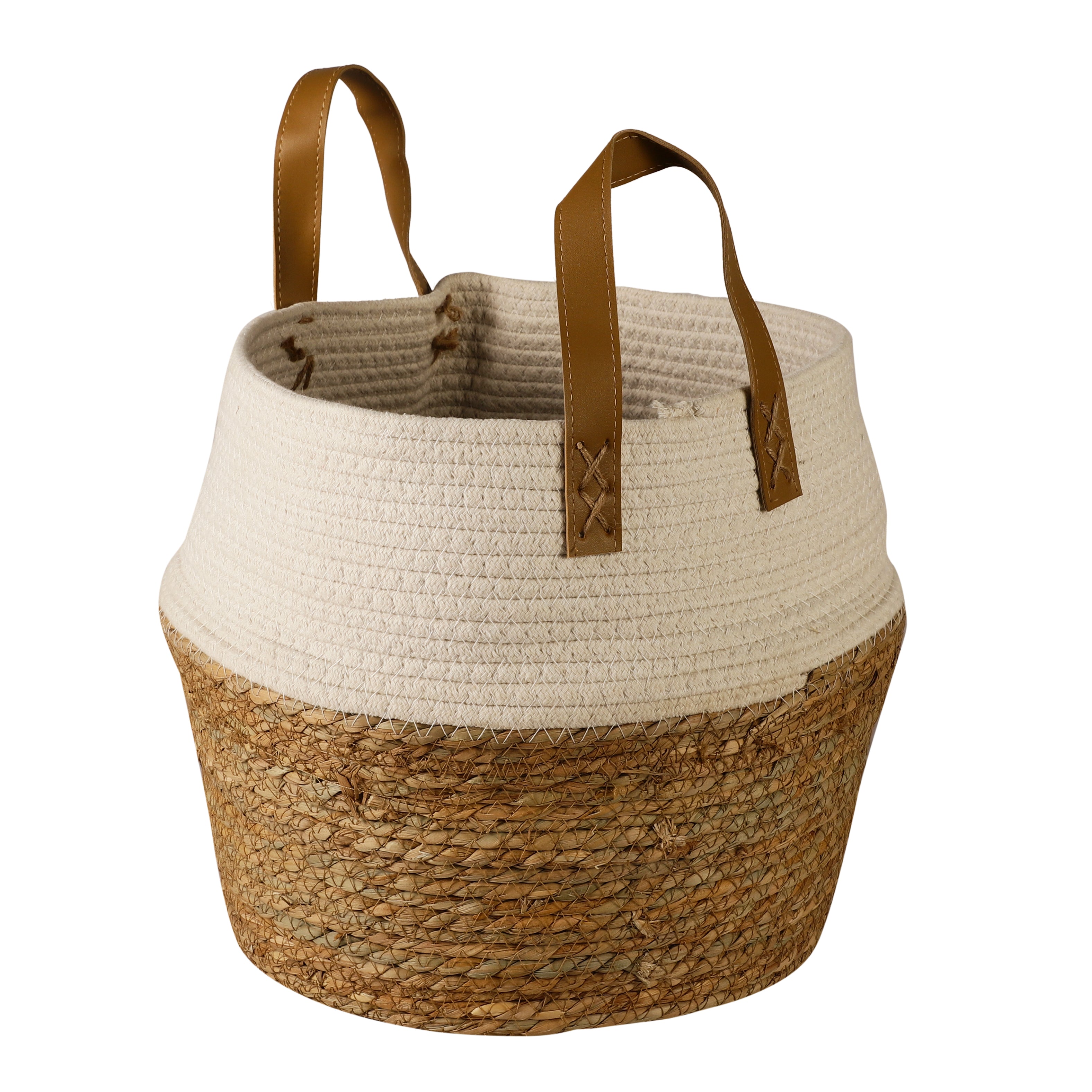 Jute and Fabric Plant Baskets with Handle (Set of 3) - White