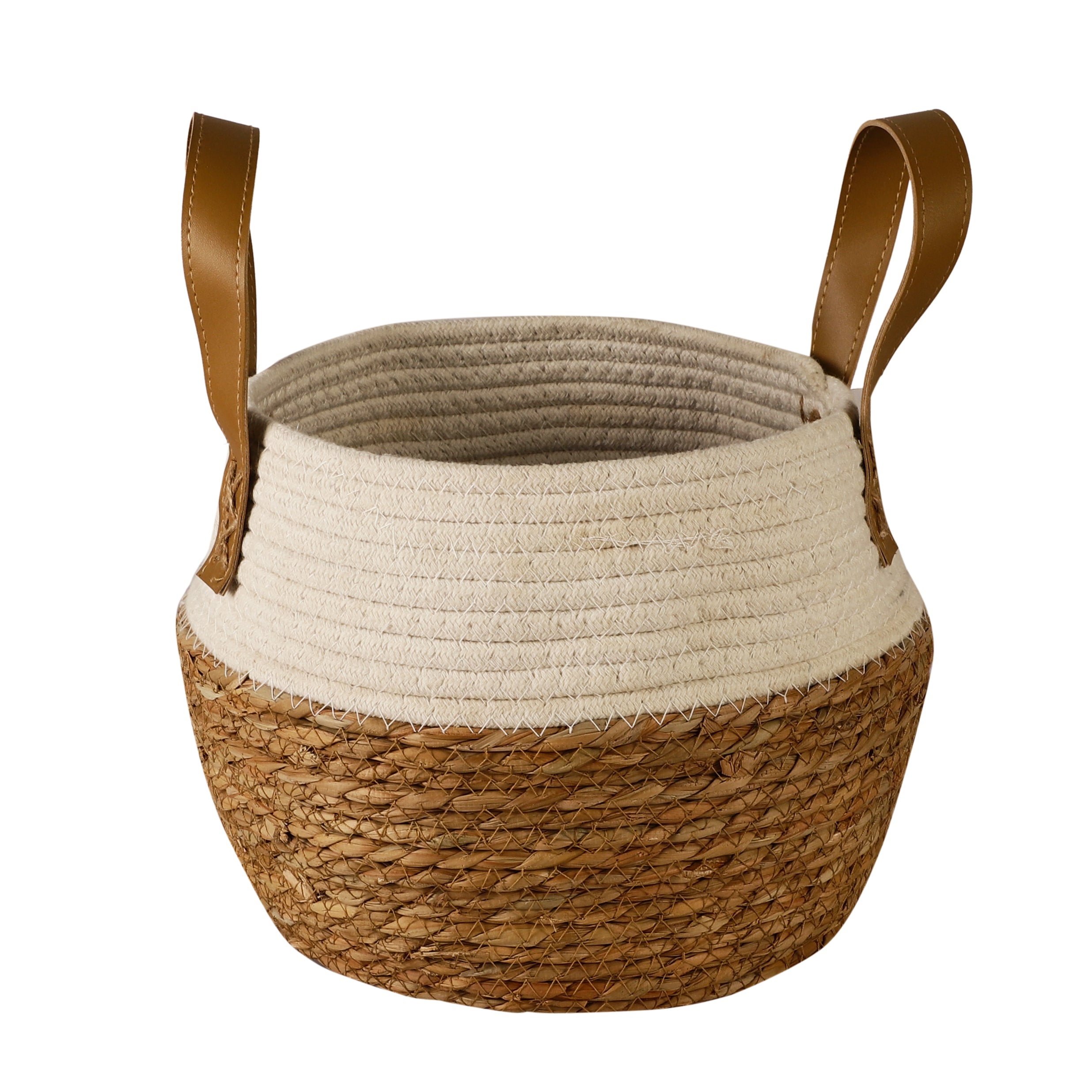 Jute and Fabric Plant Baskets with Handle (Set of 3) - White