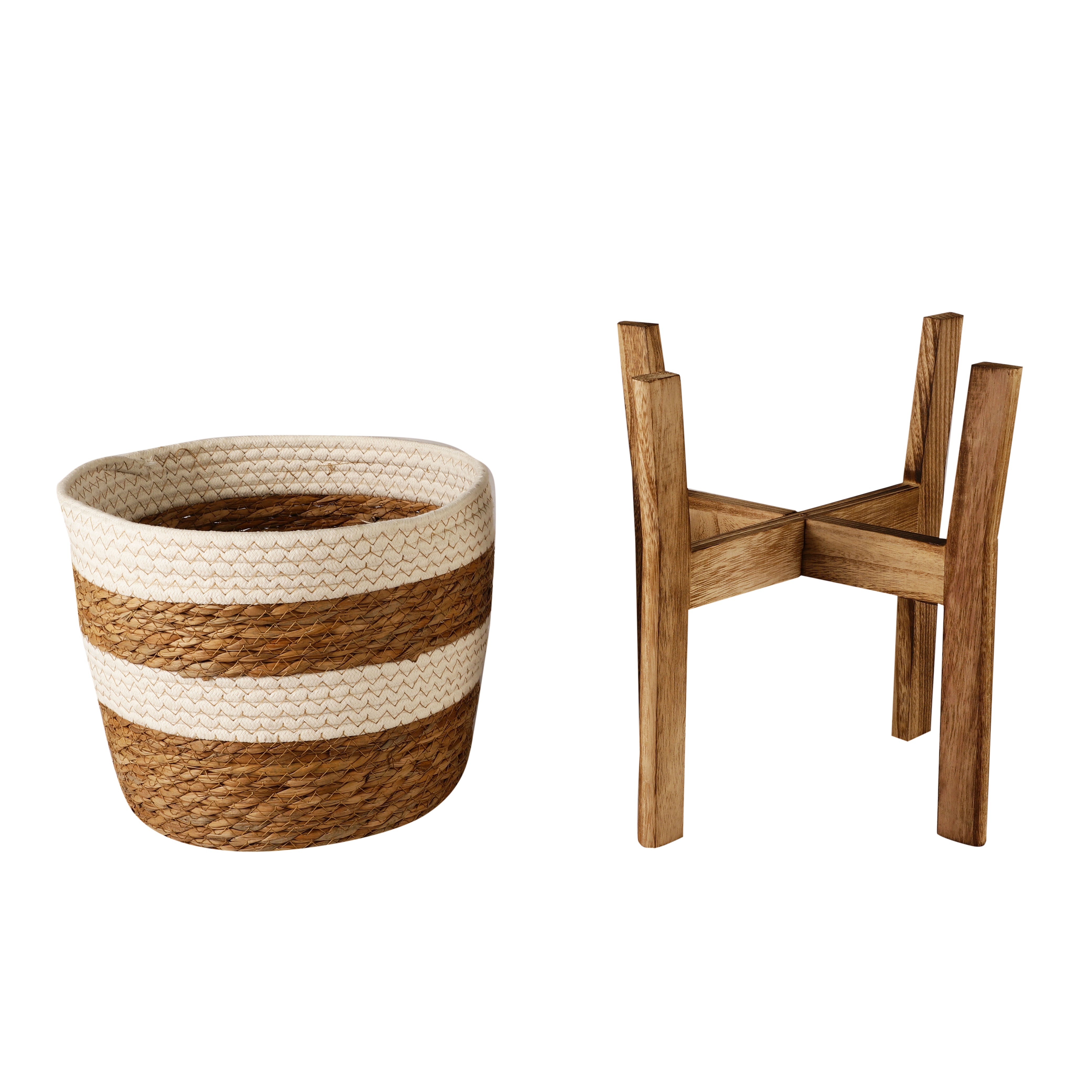 Jute Plant Baskets with Wooden Stands (Set of 3)