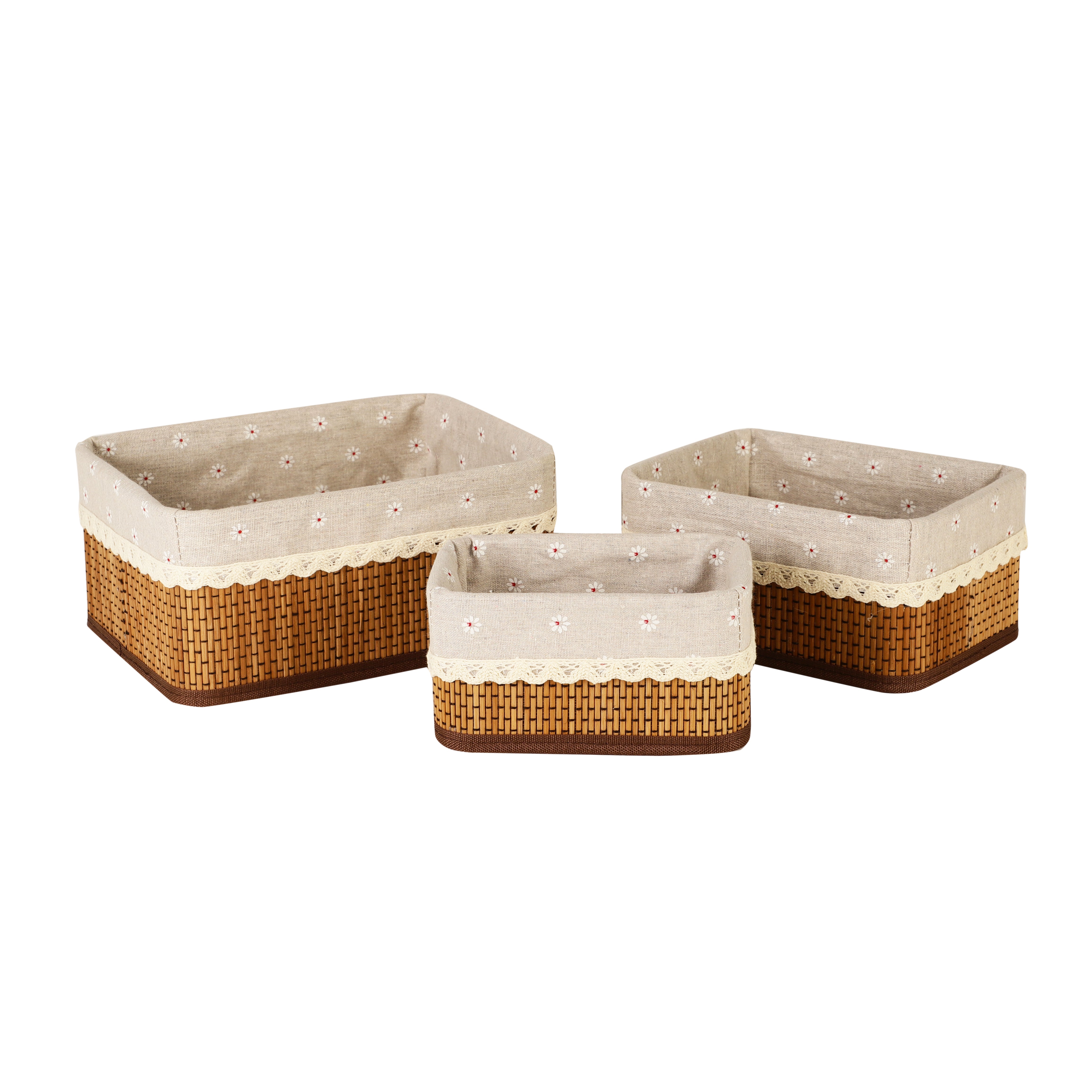 Bamboo Lined Storage Baskets (Set of 3) - Rectangle/Brown