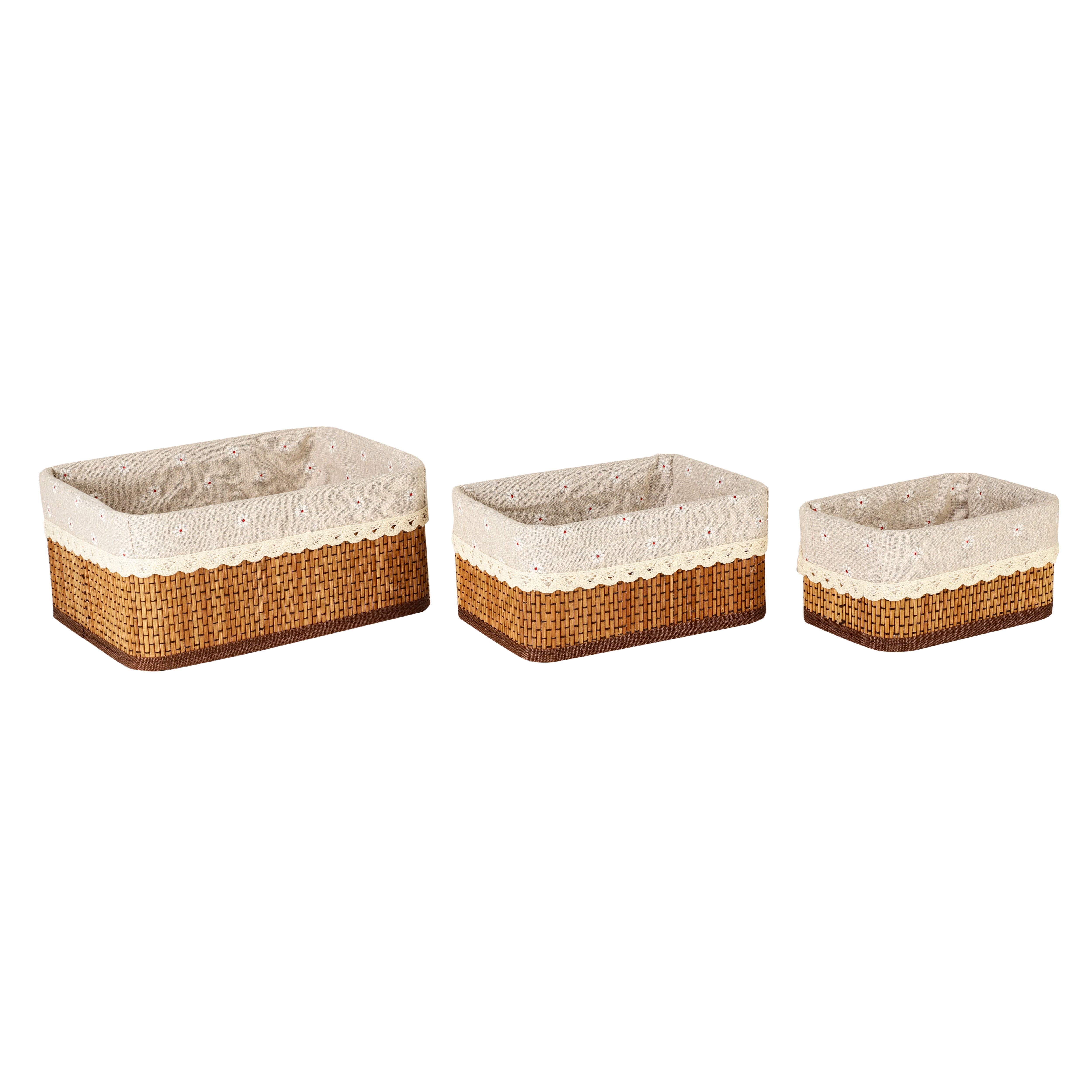 Bamboo Lined Storage Baskets (Set of 3) - Rectangle/Brown