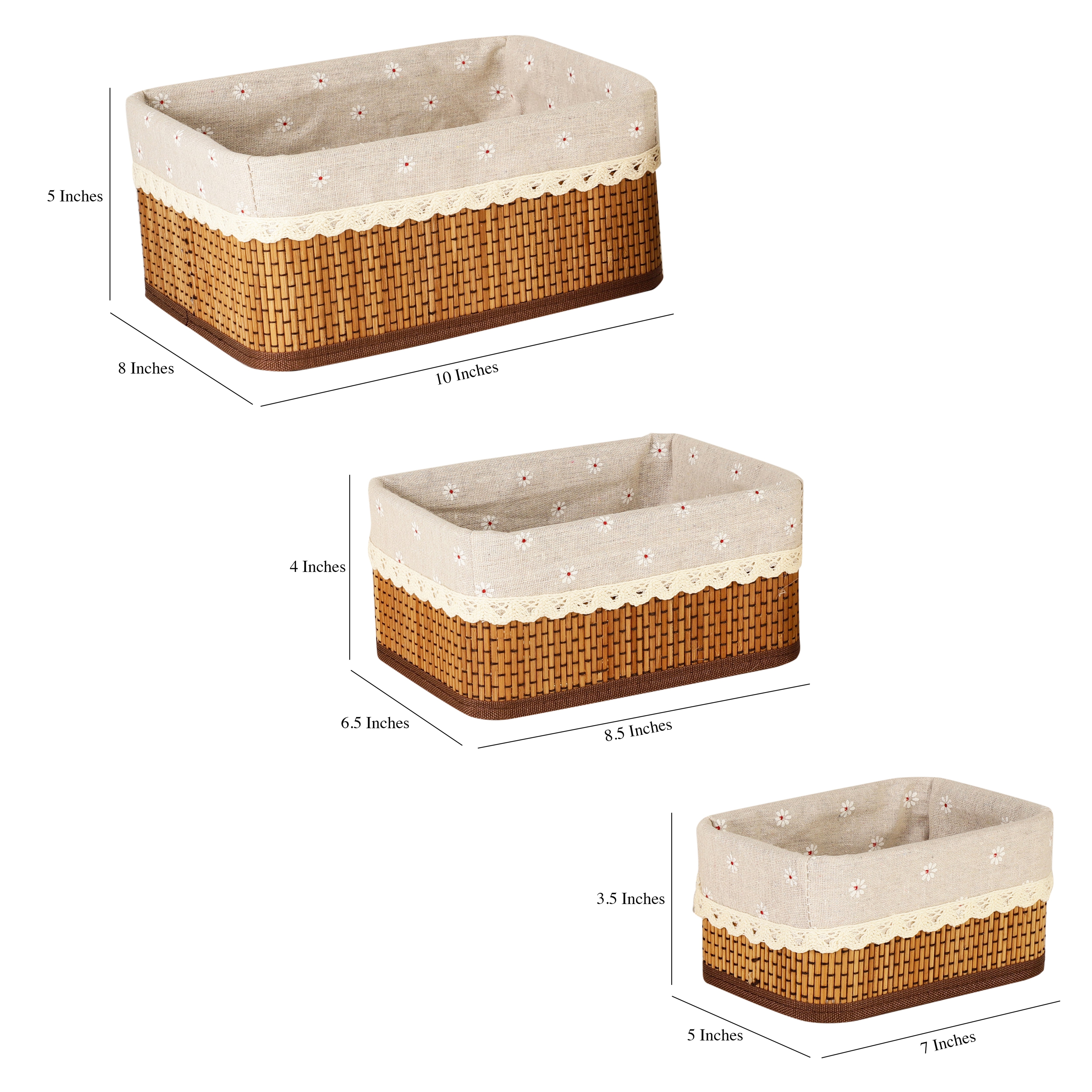 Bamboo Lined Storage Baskets (Set of 3) - Rectangle/Brown