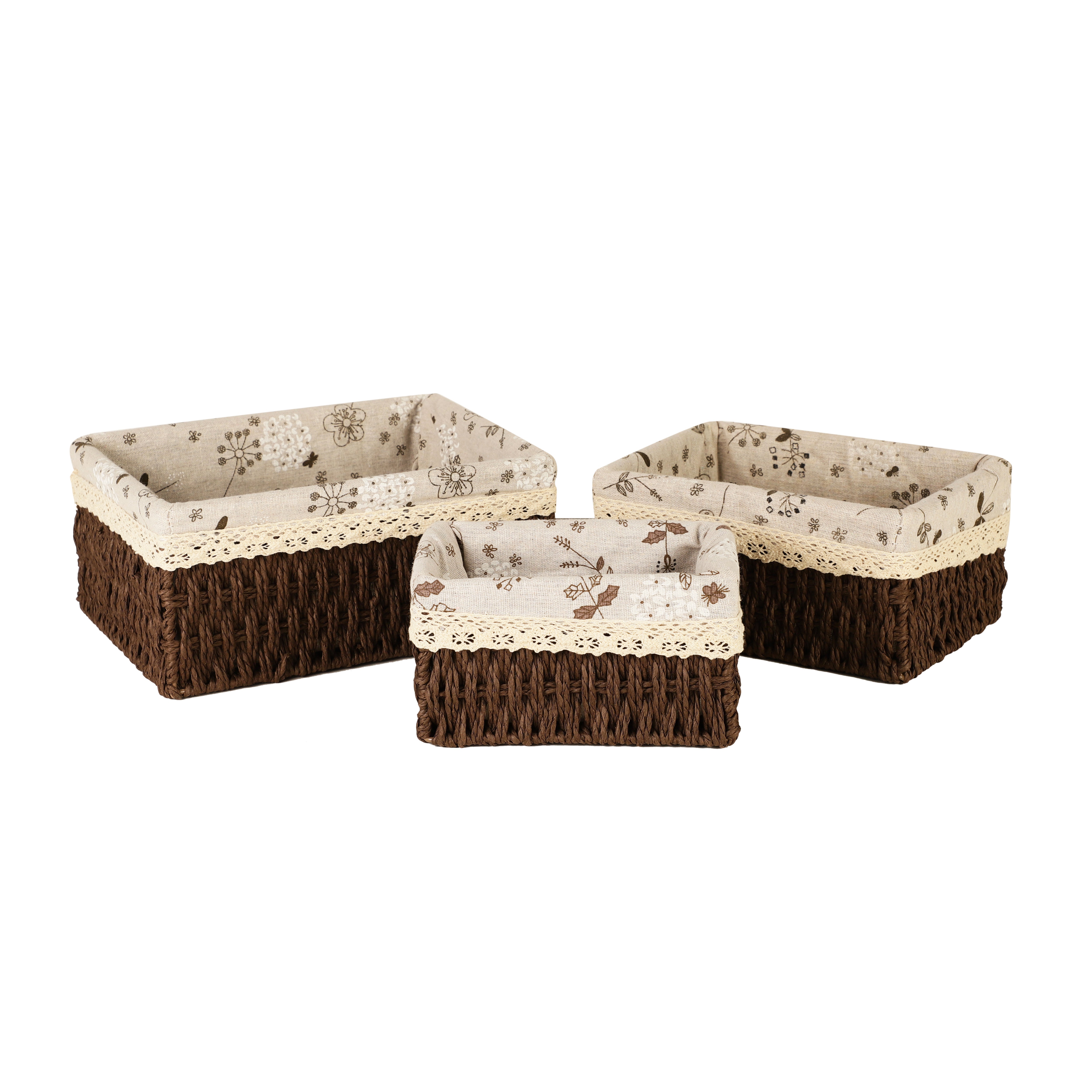 Woven Wicker Lined Storage Baskets (Set of 3) - Dark Brown