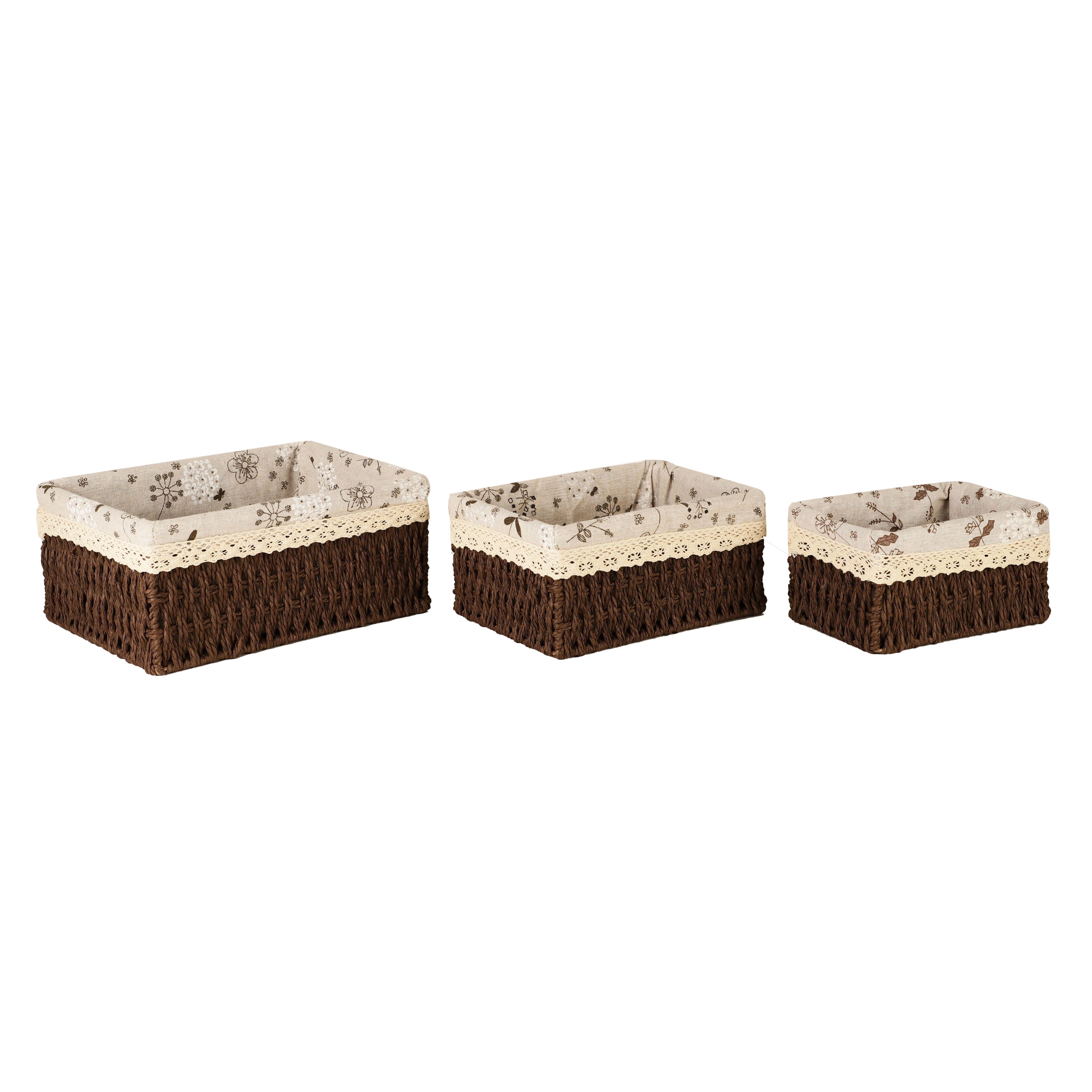 Woven Wicker Lined Storage Baskets (Set of 3) - Dark Brown