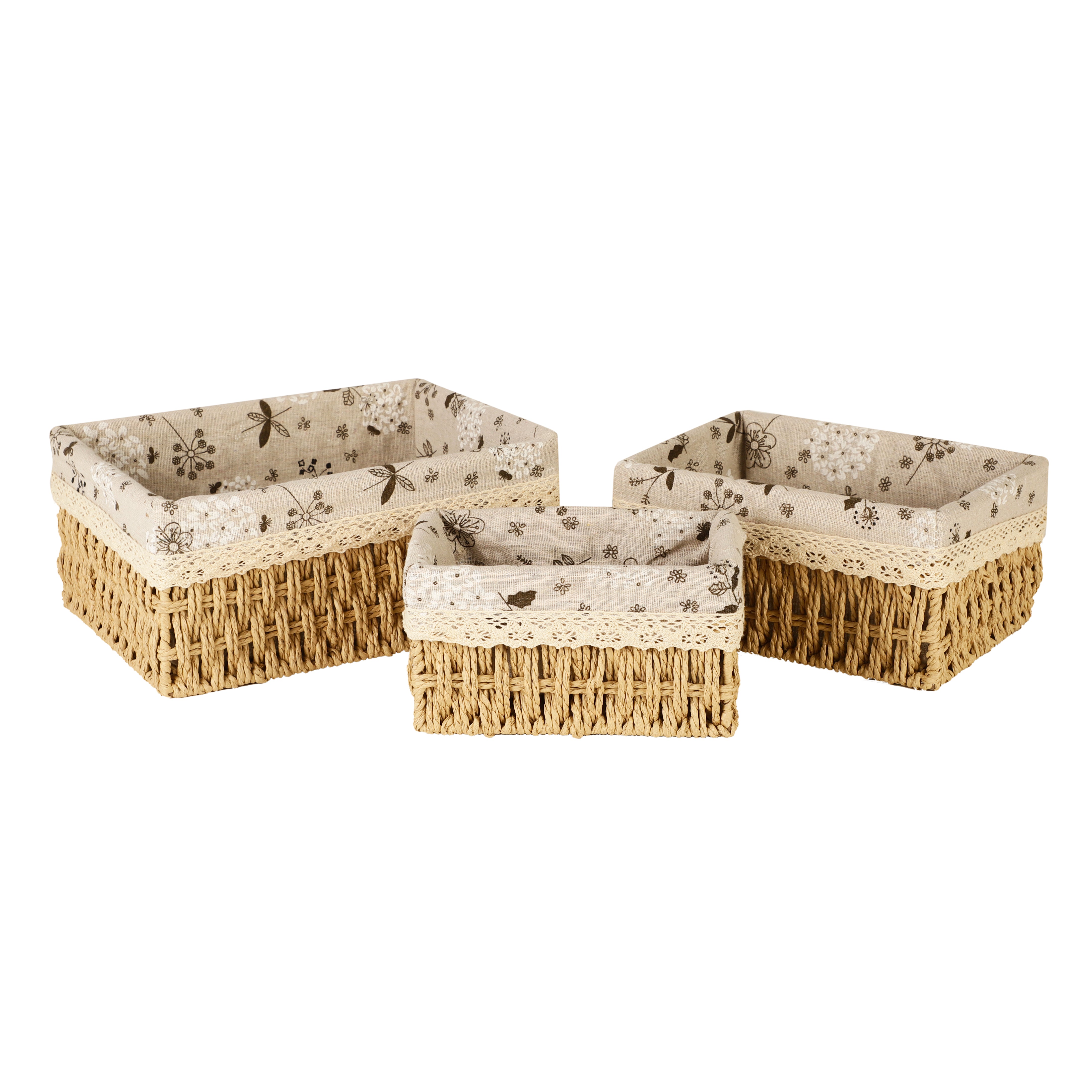 Woven Wicker Lined Storage Baskets (Set of 3) - Brown