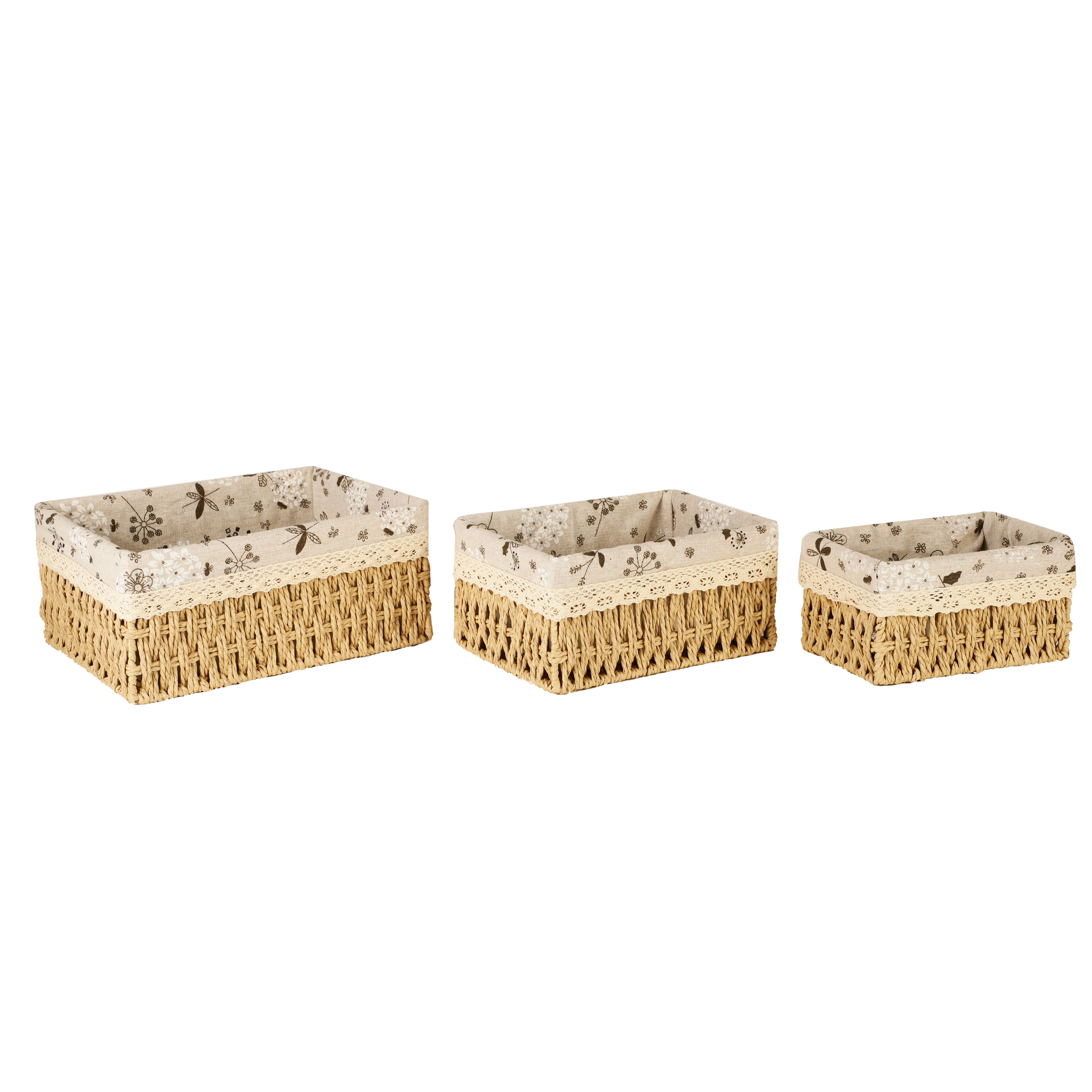 Woven Wicker Lined Storage Baskets (Set of 3) - Brown