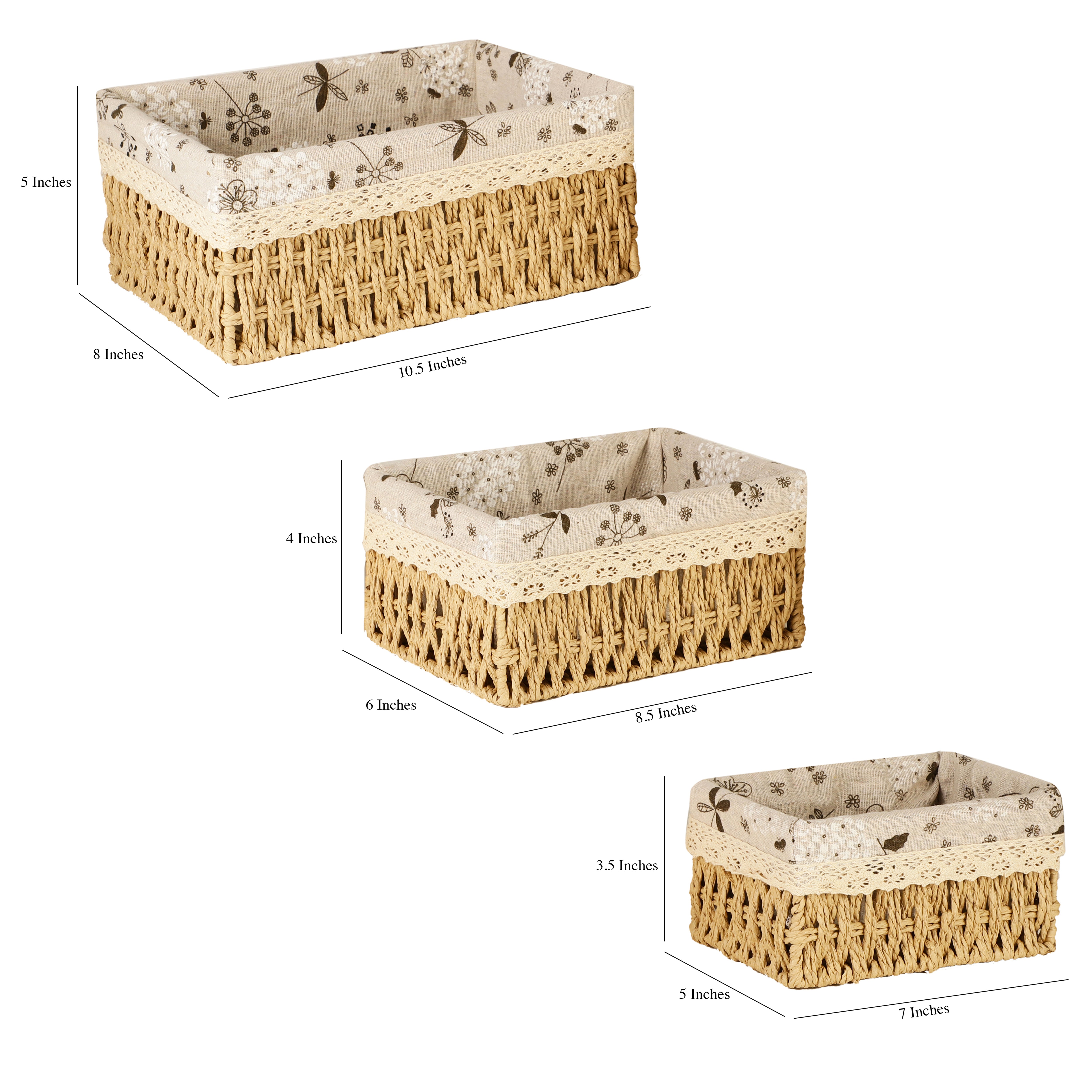 Woven Wicker Lined Storage Baskets (Set of 3) - Brown