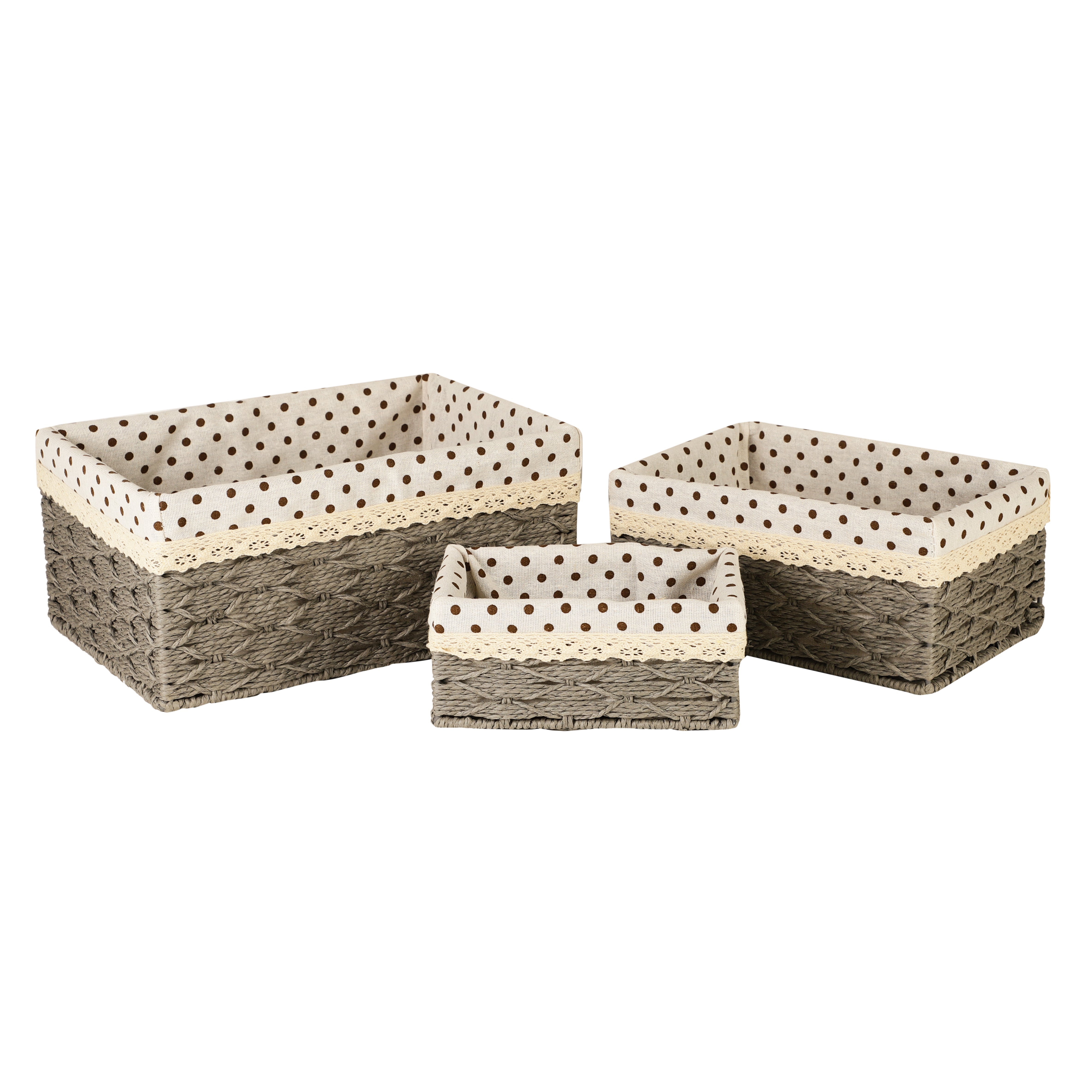 Woven Wicker Lined Storage Baskets (Set of 3) - Grey