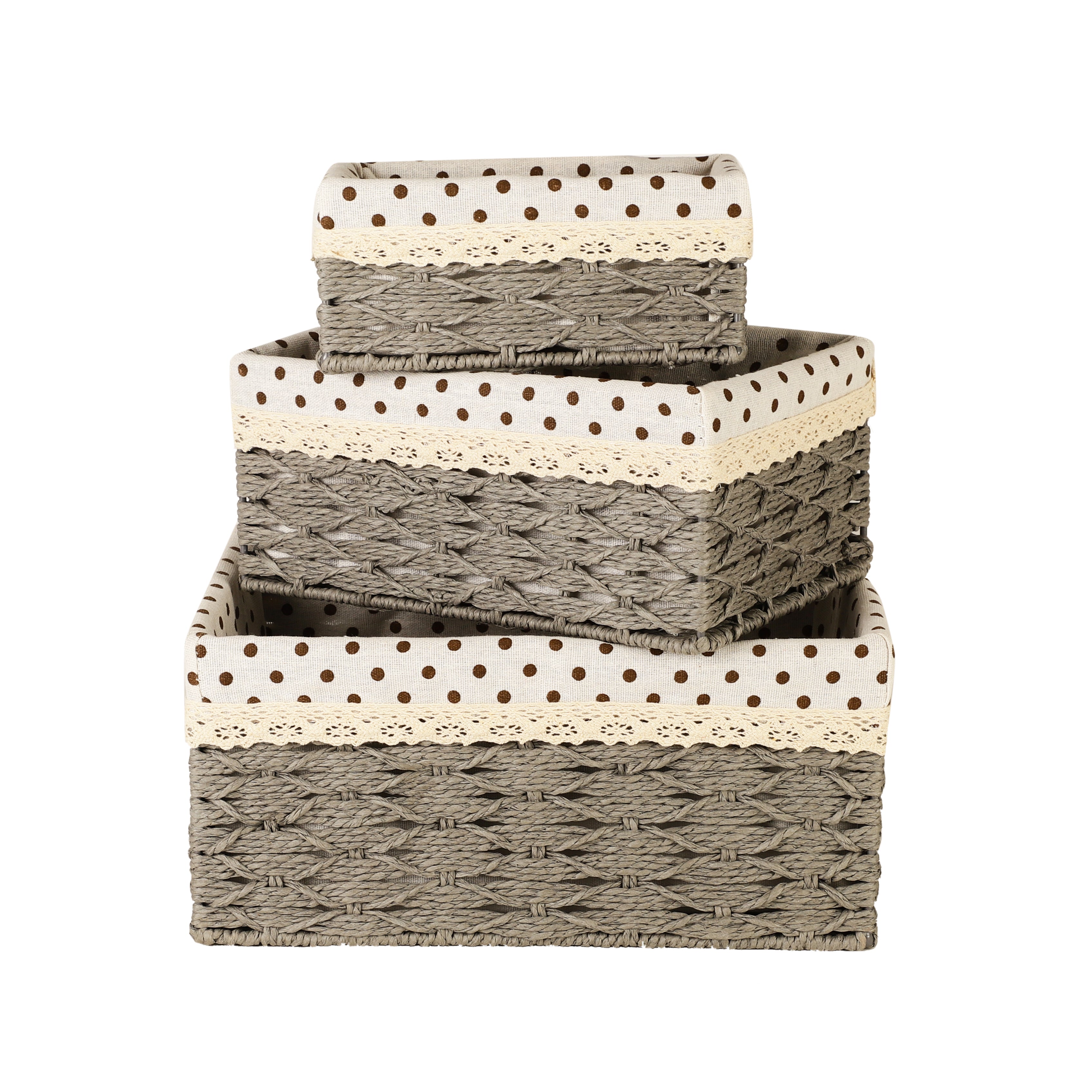 Woven Wicker Lined Storage Baskets (Set of 3) - Grey