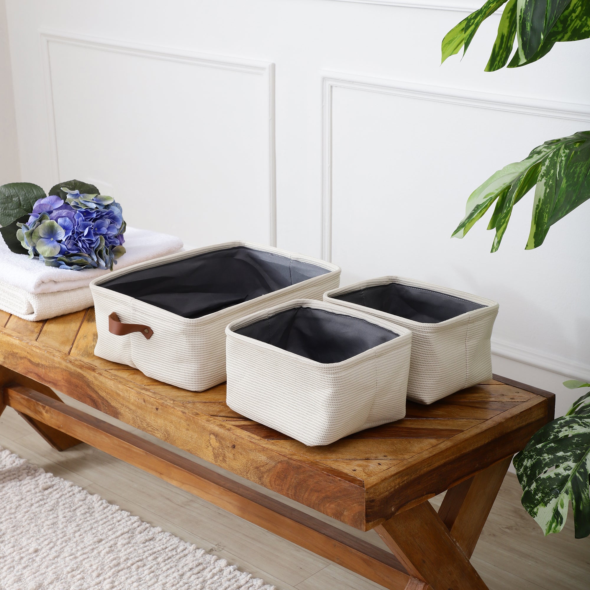 Off-White Storage Set with Leather Pulls (Set of 3)