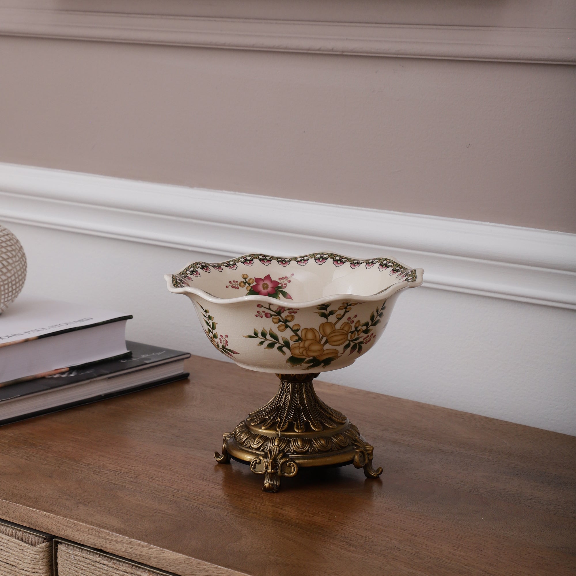 Yellow Round Ceramic Bowl With Gold Base