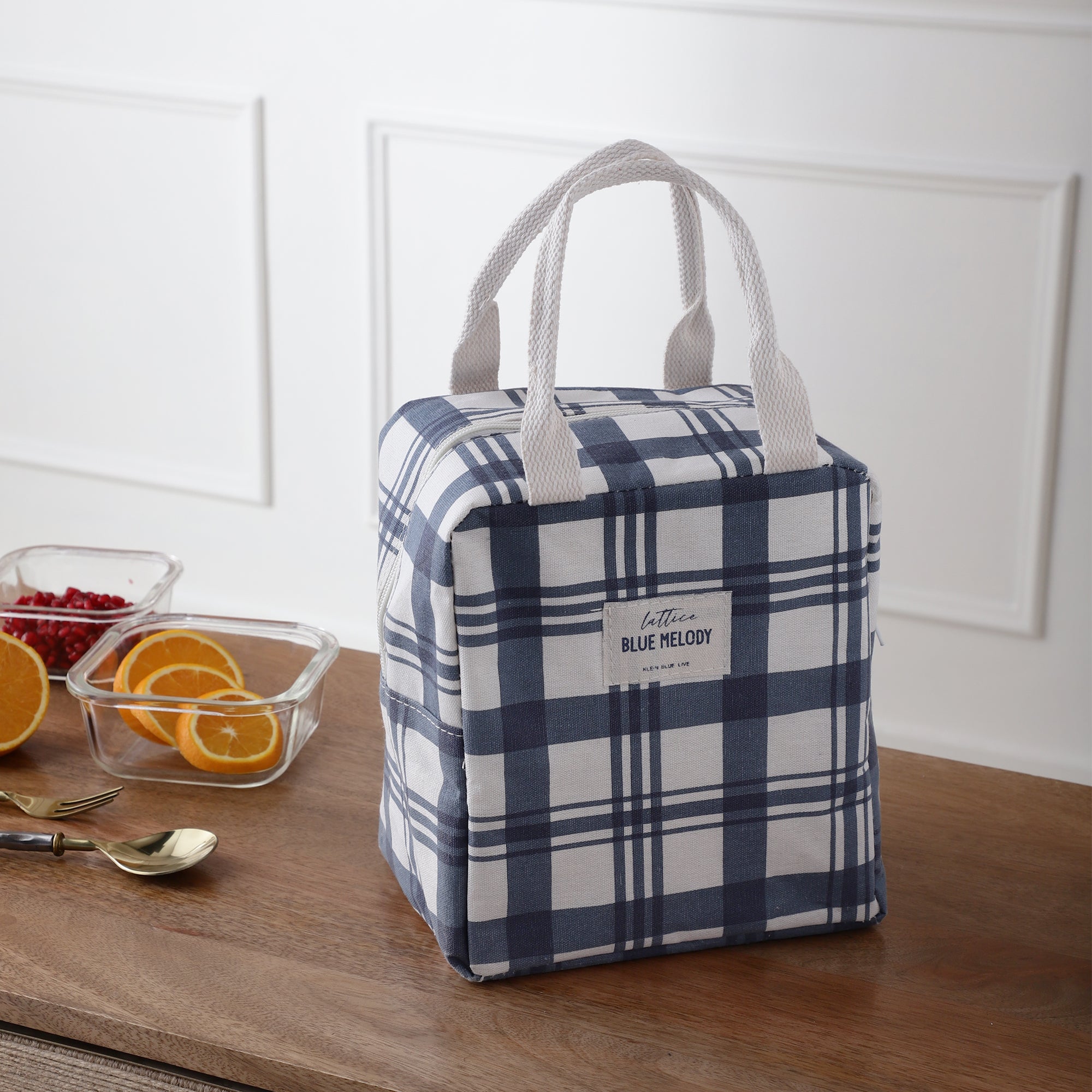 Blue Checked Insulated Lunch Bag