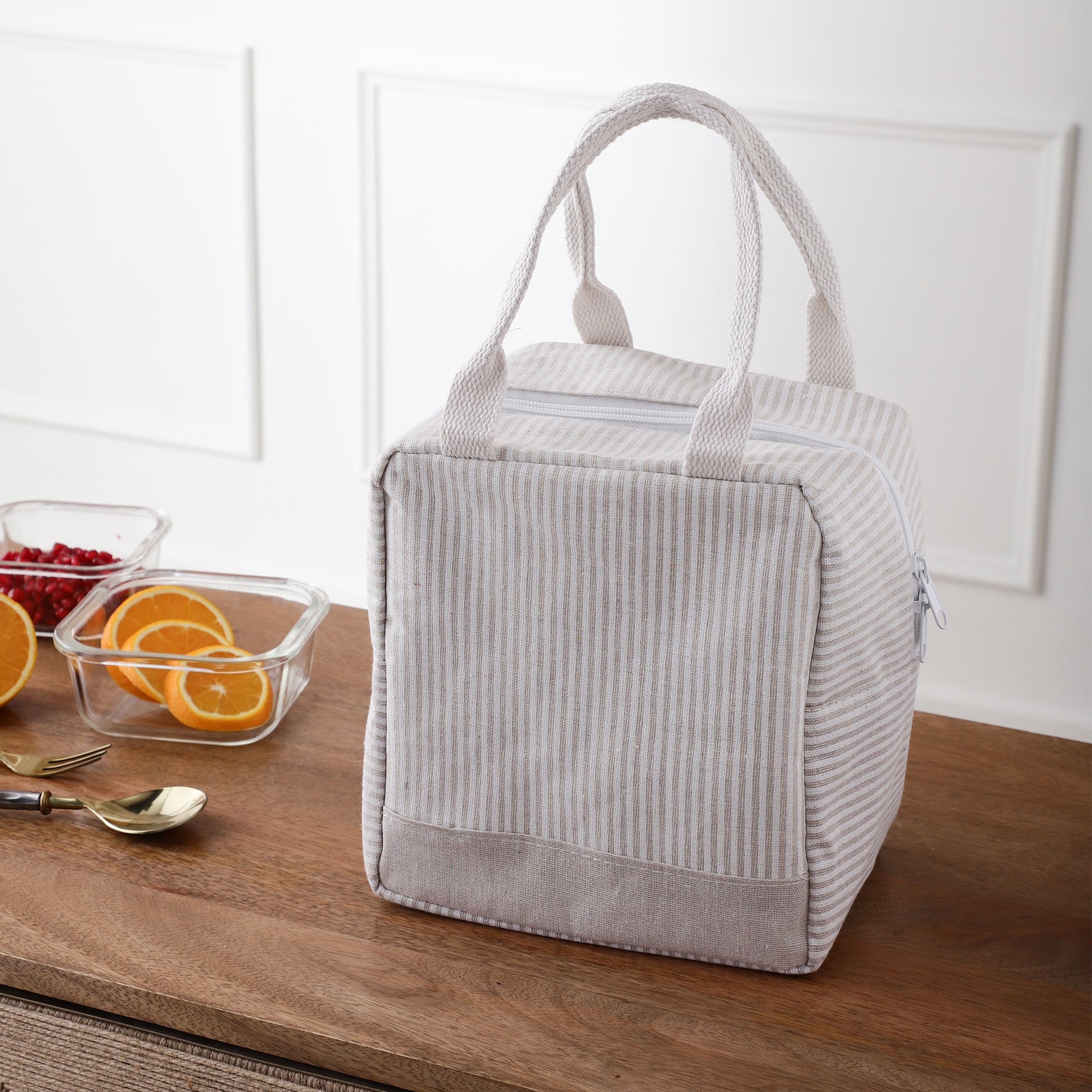 Modern Stripped Insulated Lunch Bag (Beige)