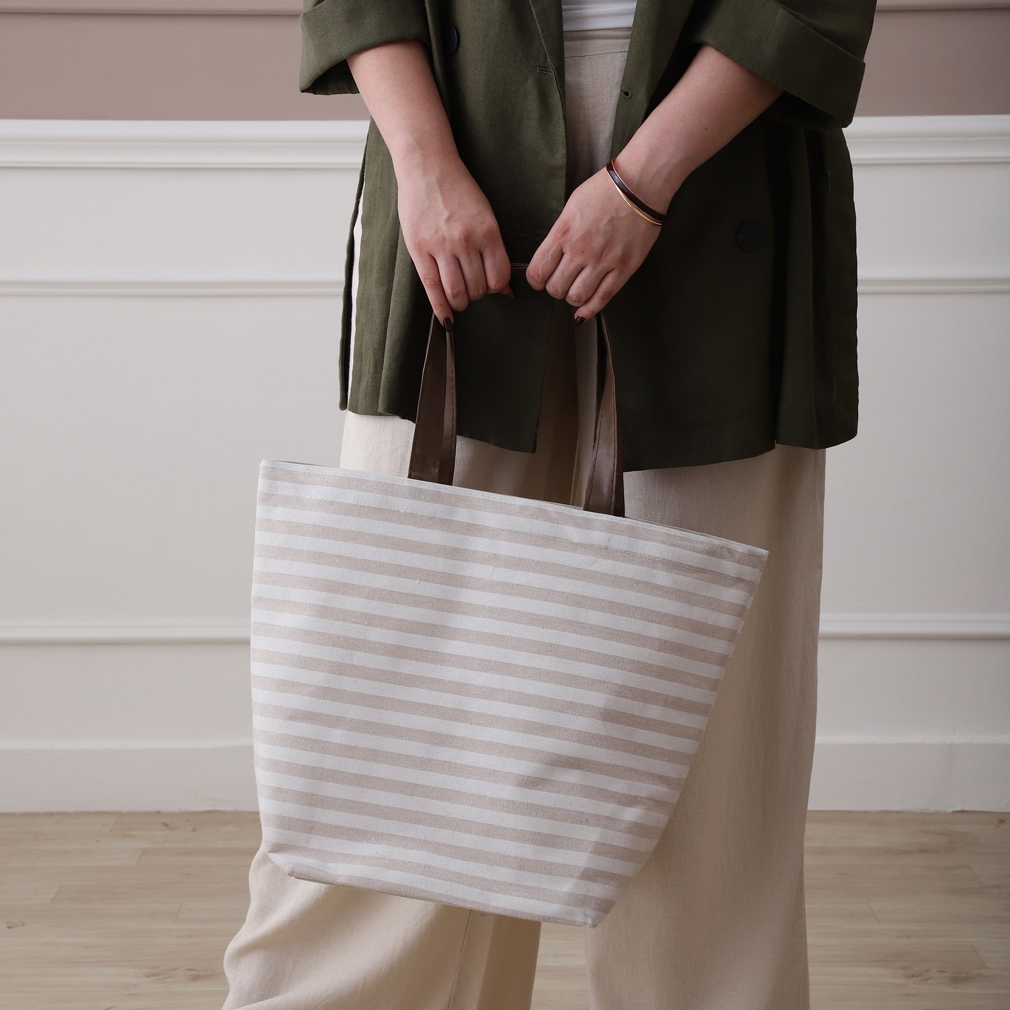 Beige Stripe CarryAll Tote with Leather Handles