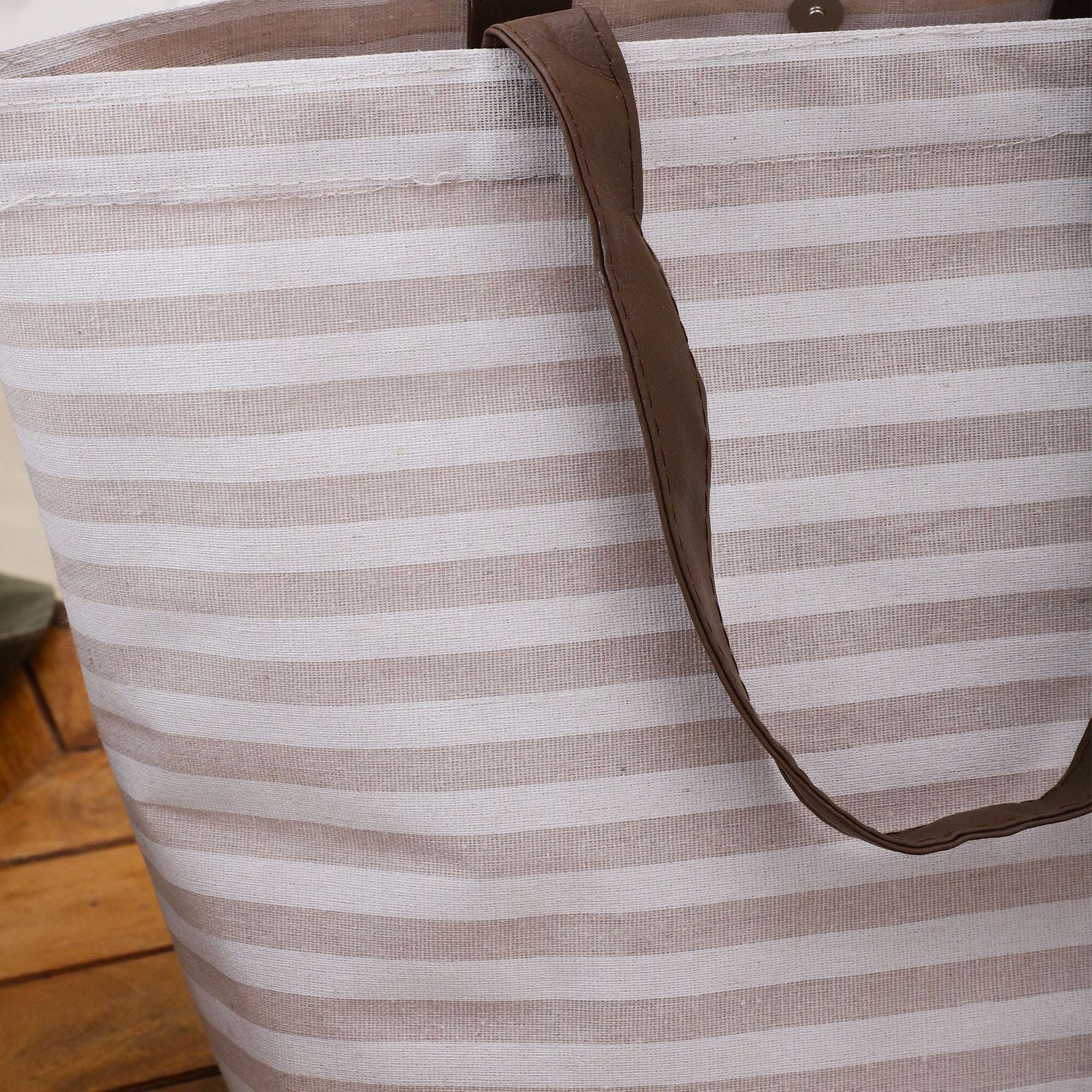 Beige Stripe CarryAll Tote with Leather Handles