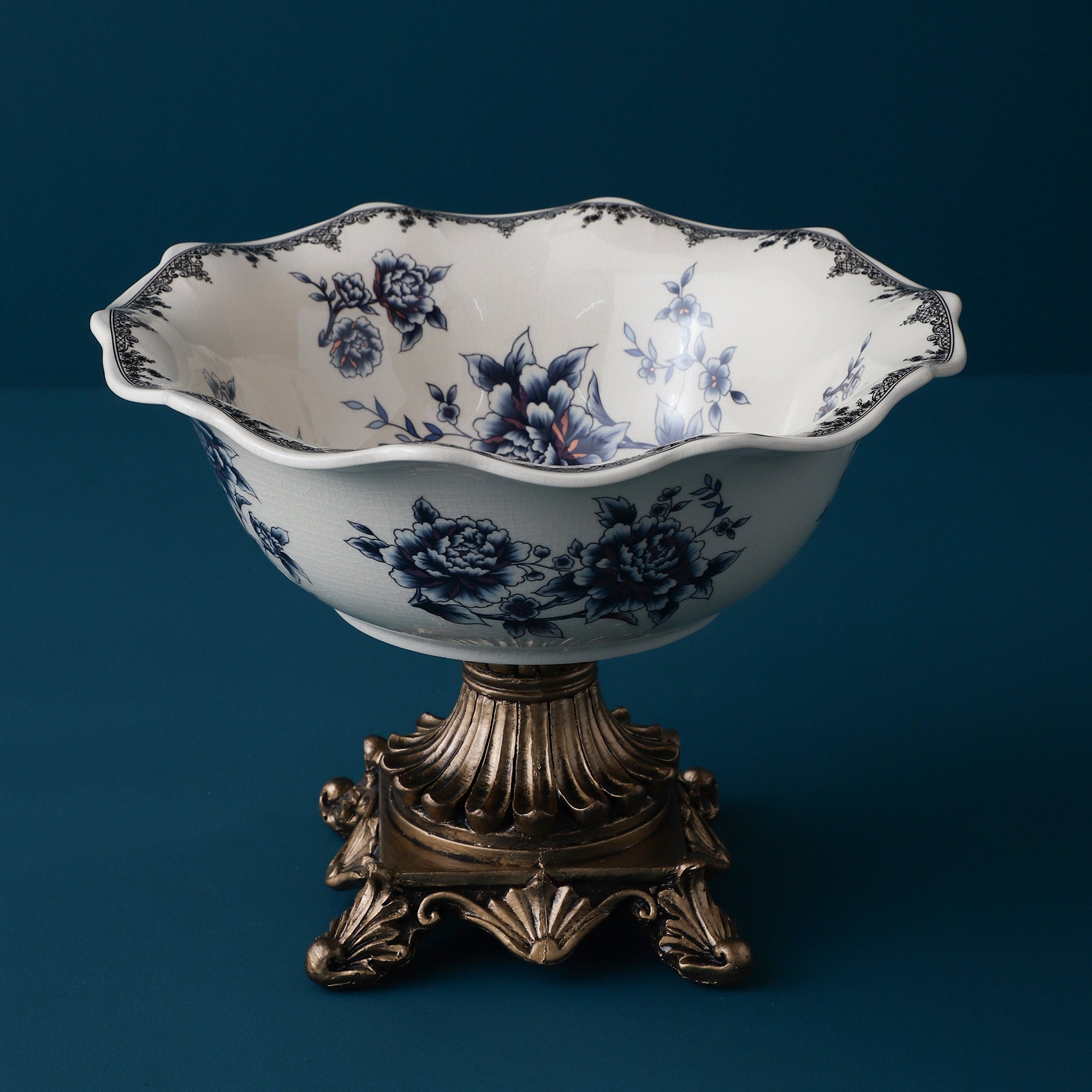 Blue Round Ceramic Bowl With Gold Base (Large)