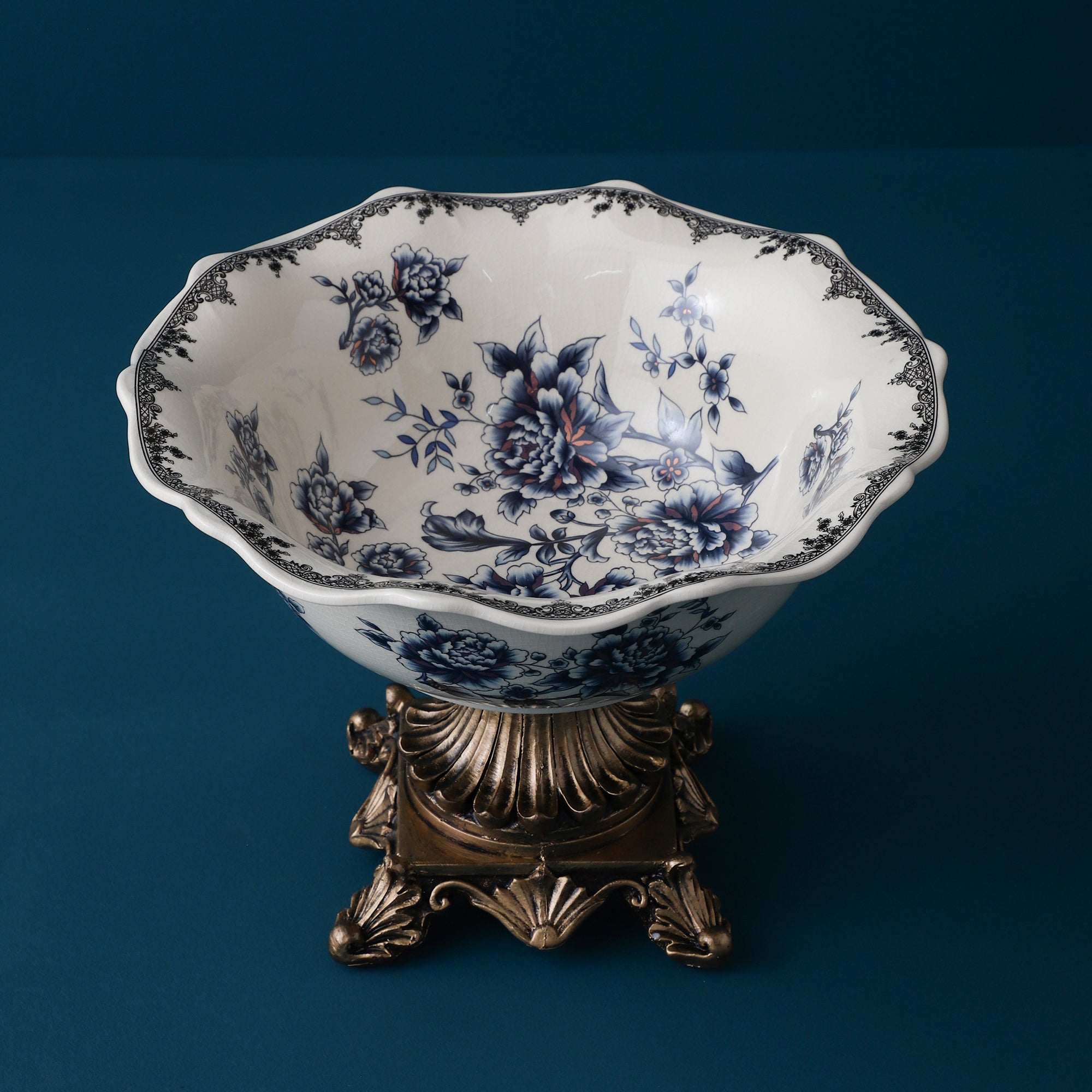 Blue Round Ceramic Bowl With Gold Base (Large)