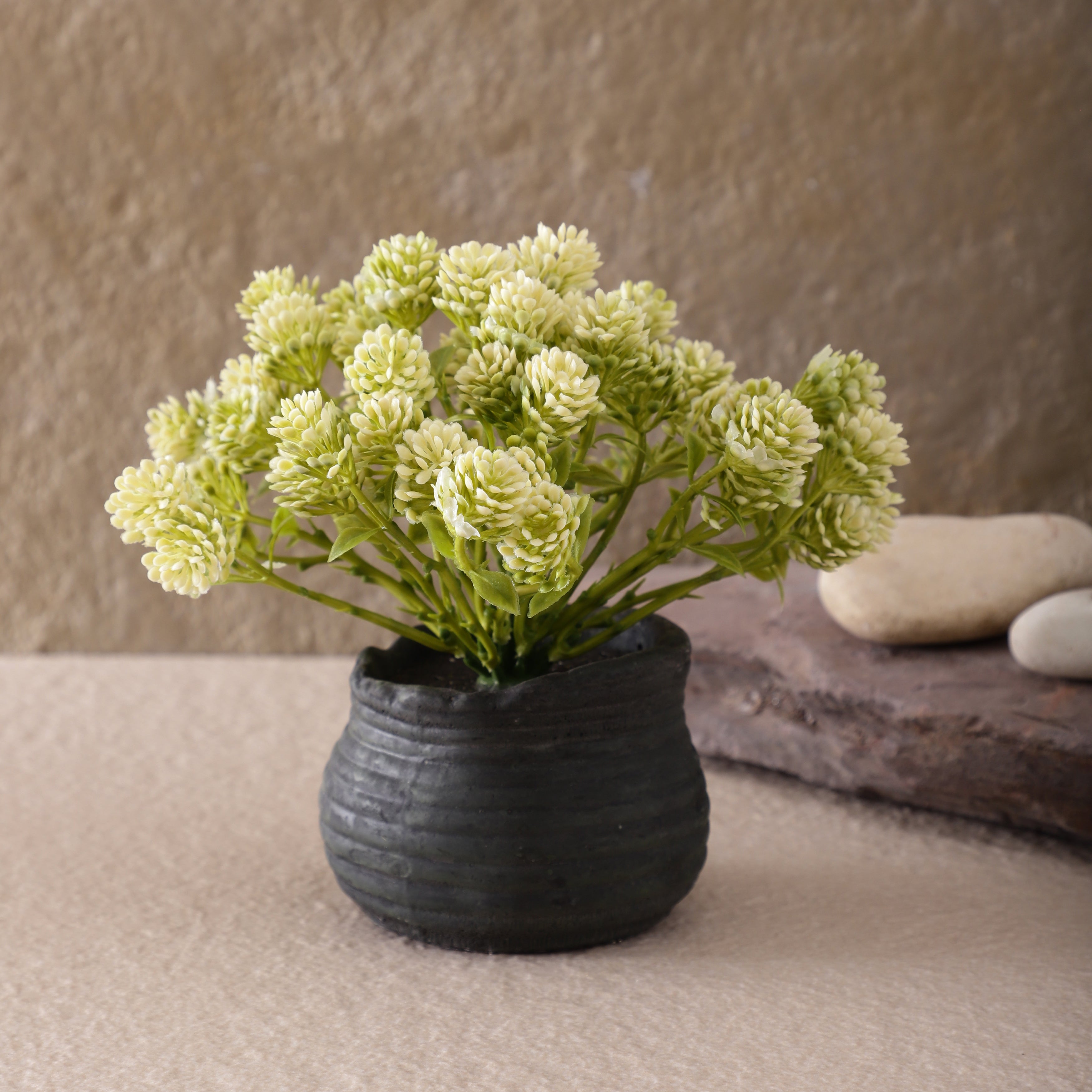 White Faux Bush Flower Plant (Black Pot)