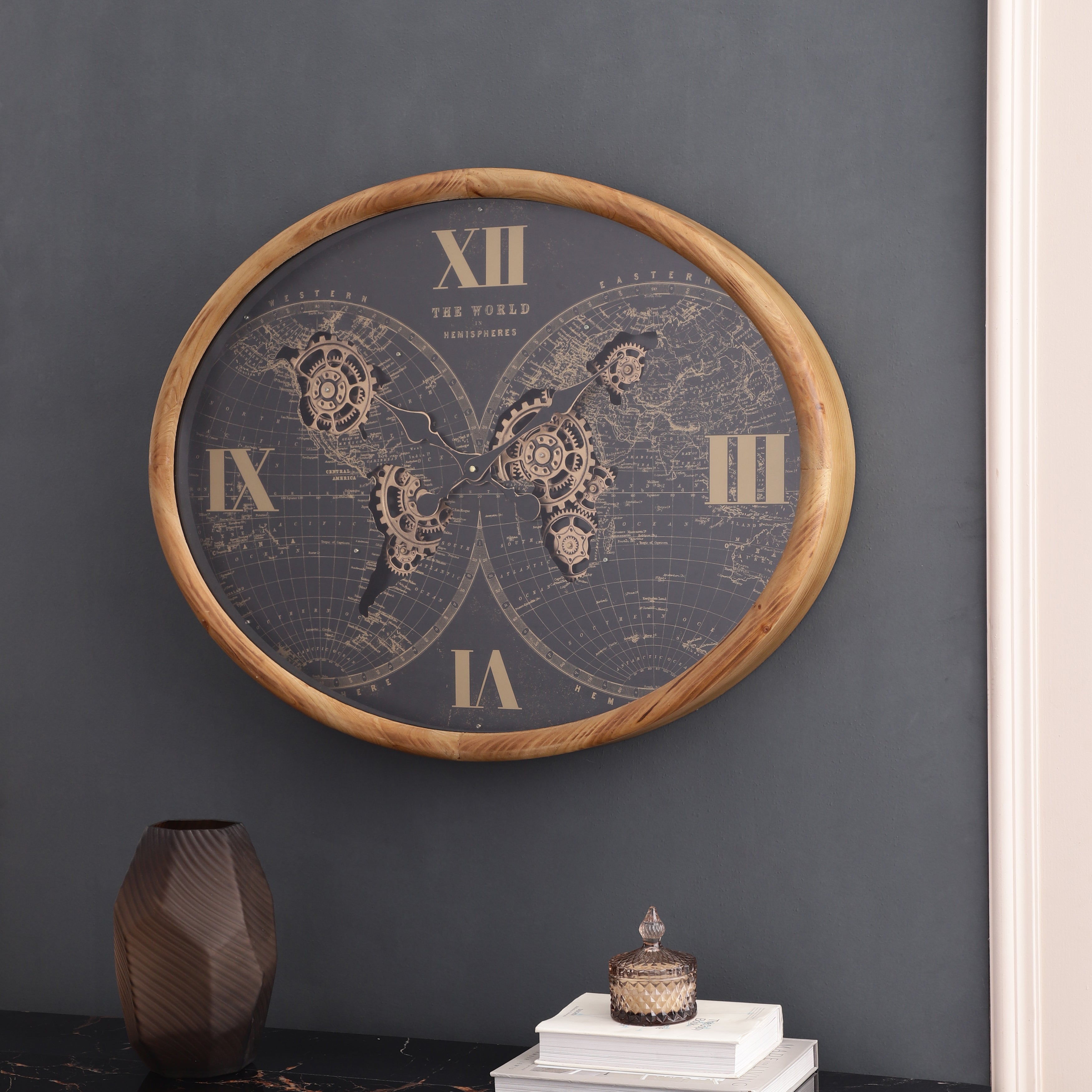 Oval Wooden Globe Wall Clock