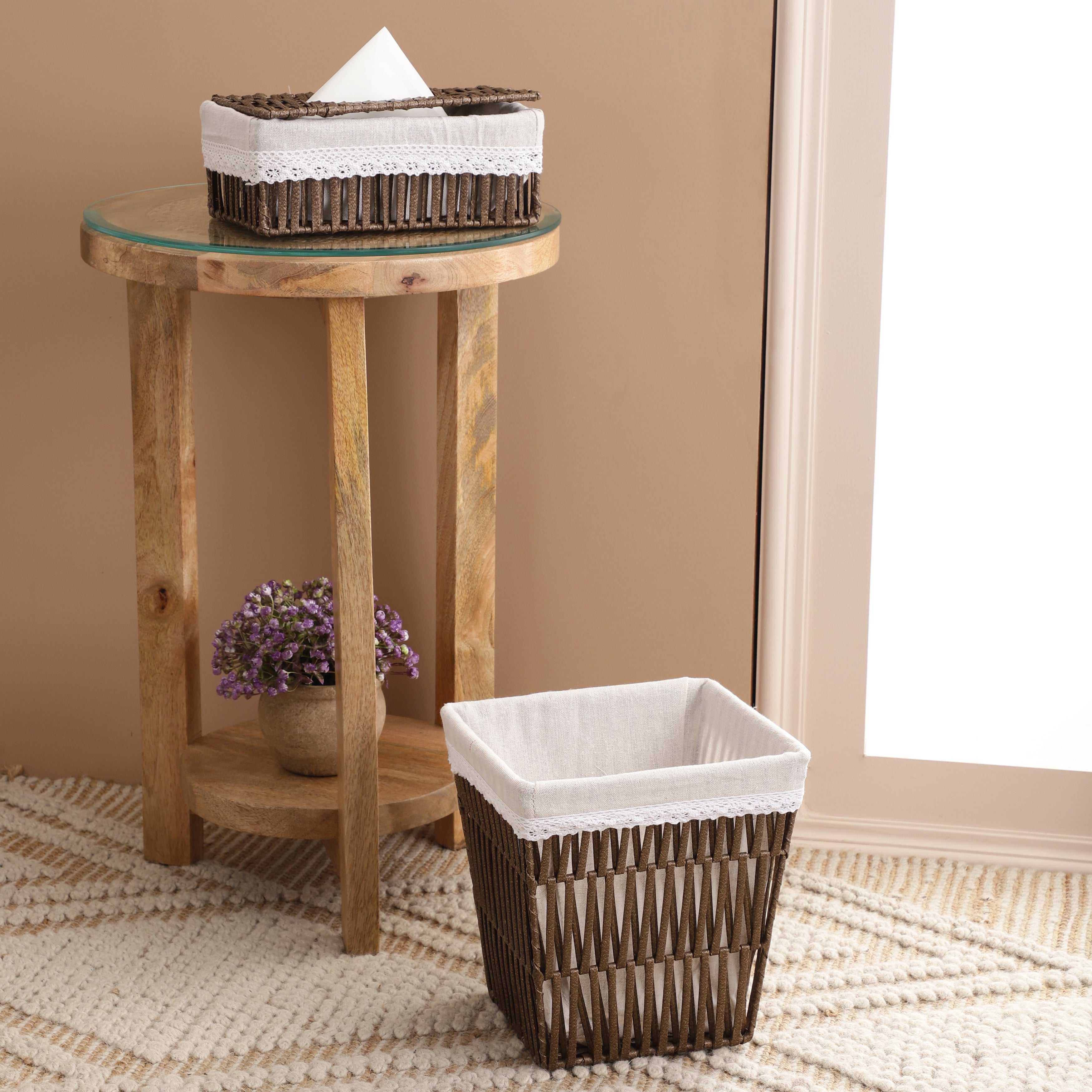 Wicker Brown Tissue Box & Waste Basket (Set of 2)