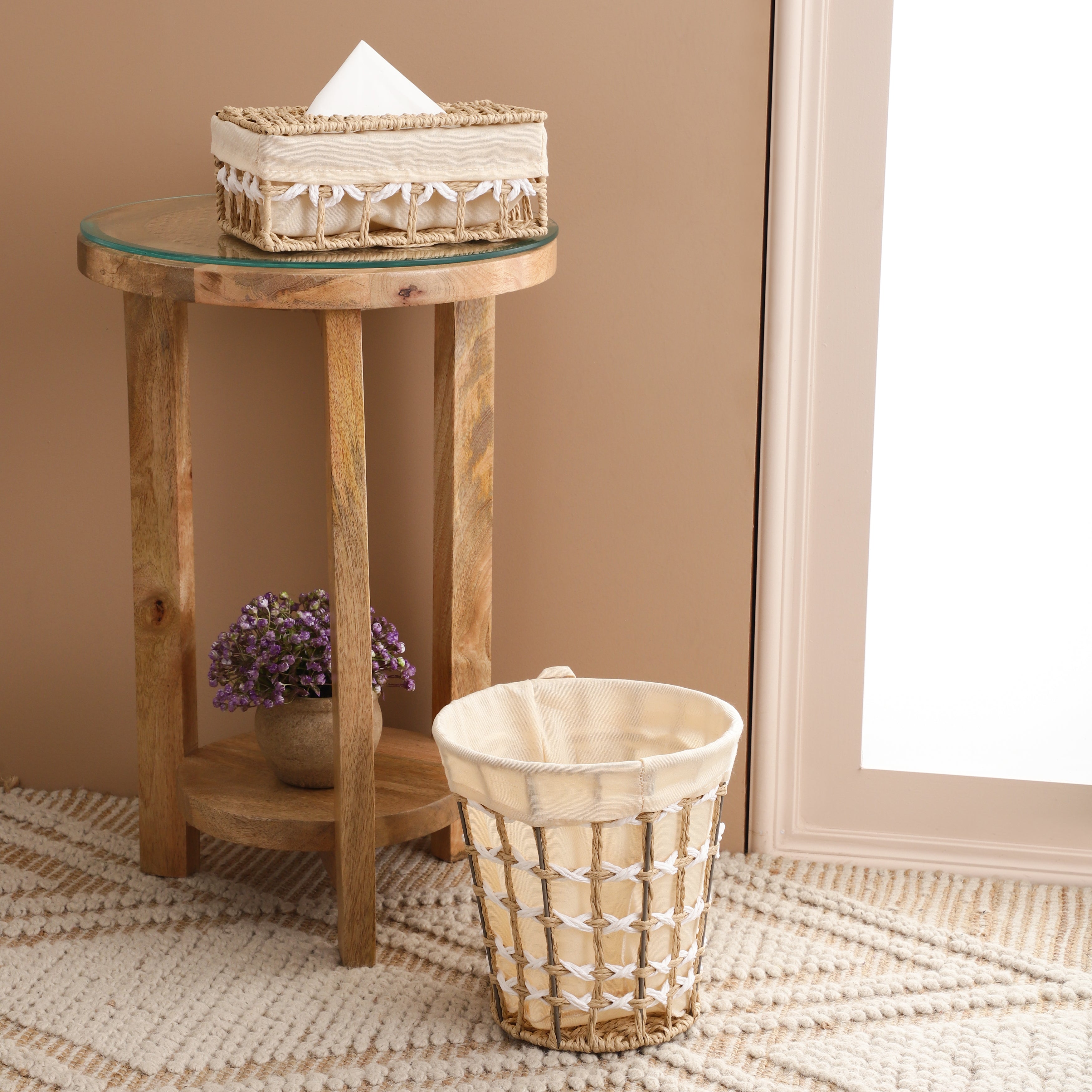 Wicker Cream Tissue Box & Waste Basket (Set of 2)