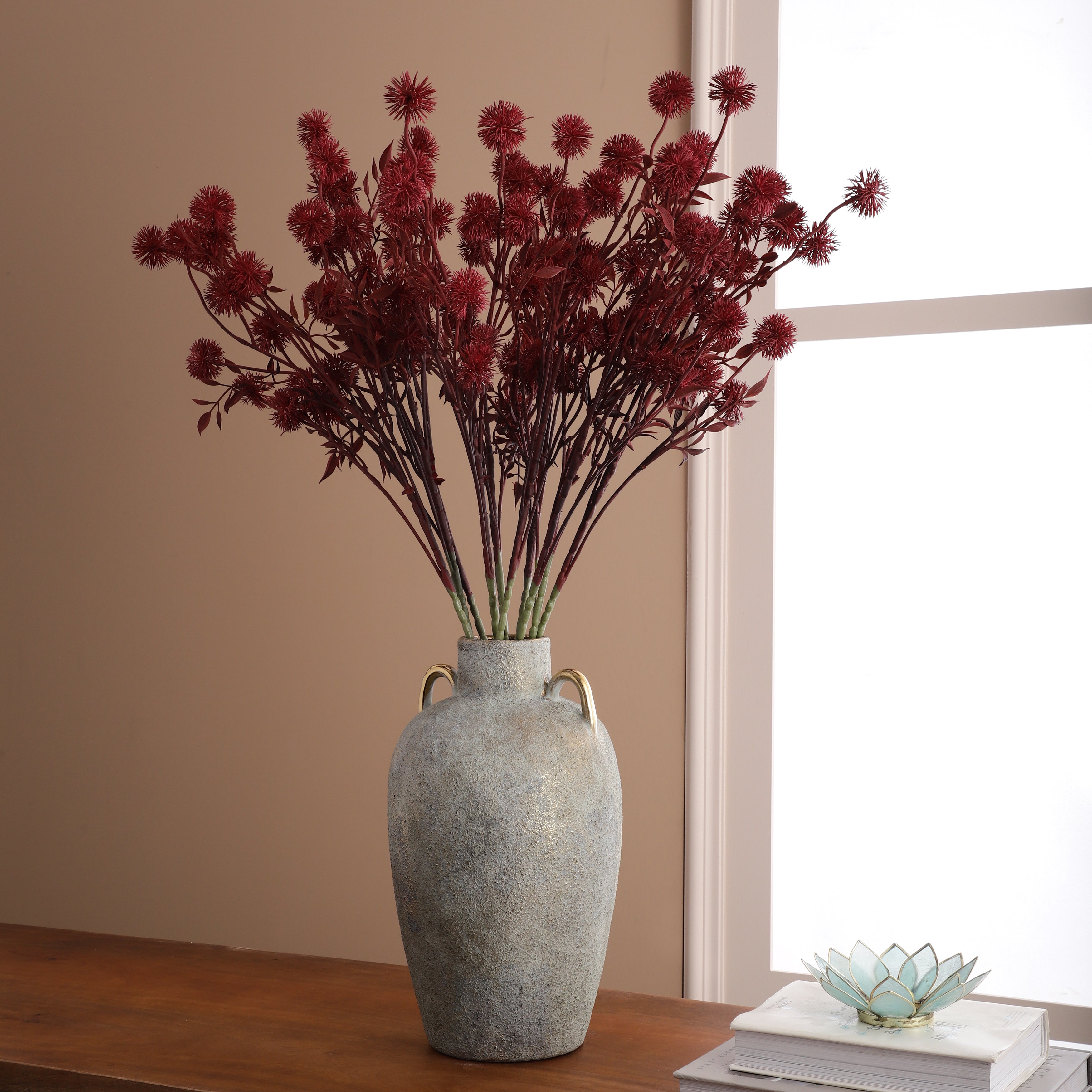 Faux Deep Red Globe Thistle Stem (Single)