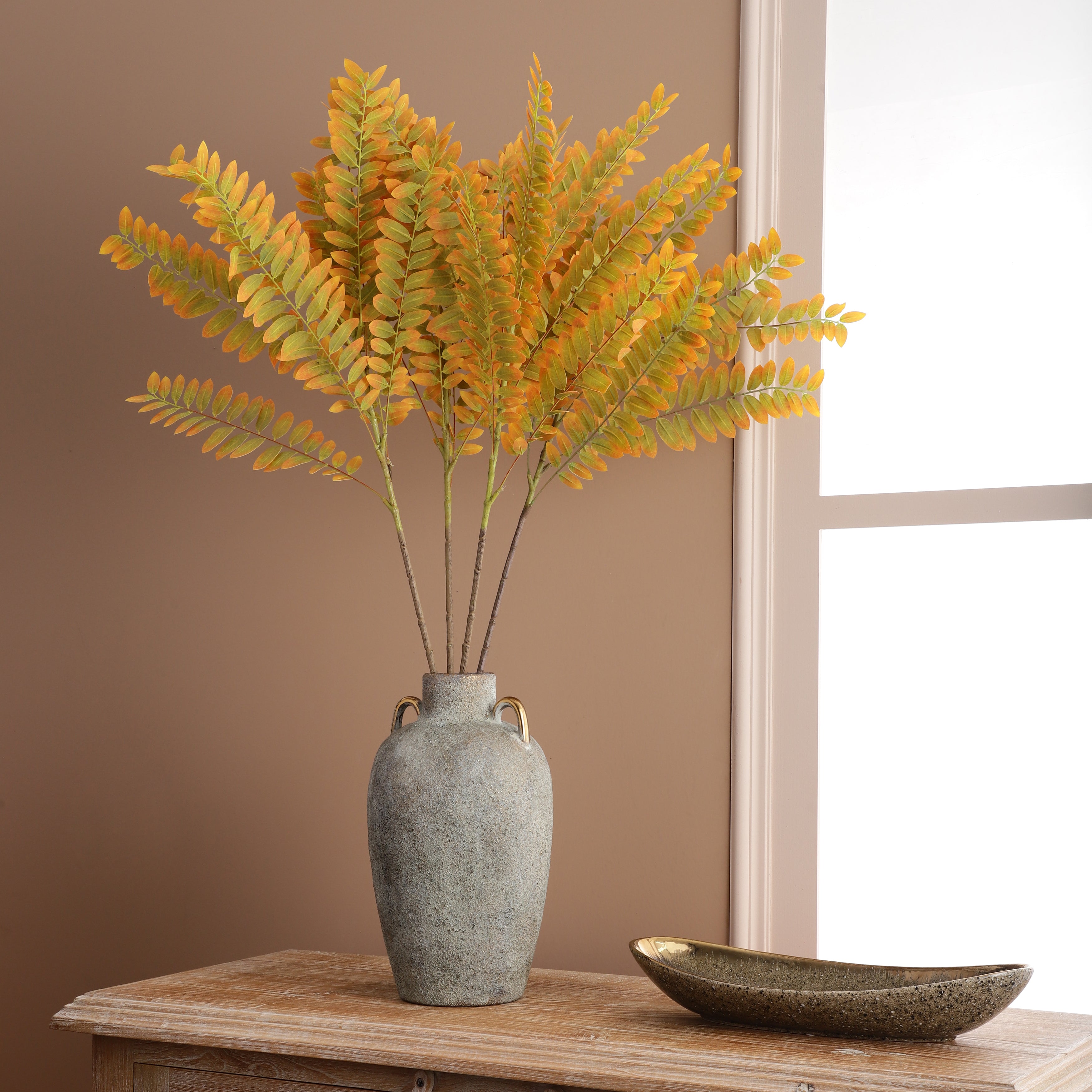 Vibrant Orange & Green Faux Fern Stick (Single)