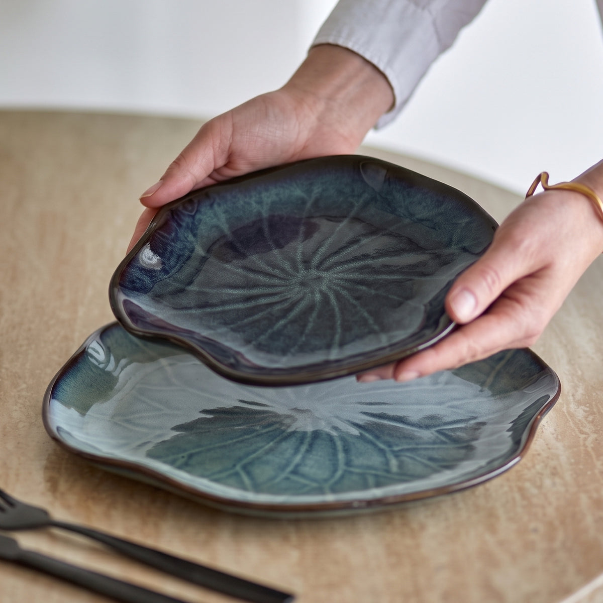 Lotus Leaf Glazed Ceramic Snack Plate